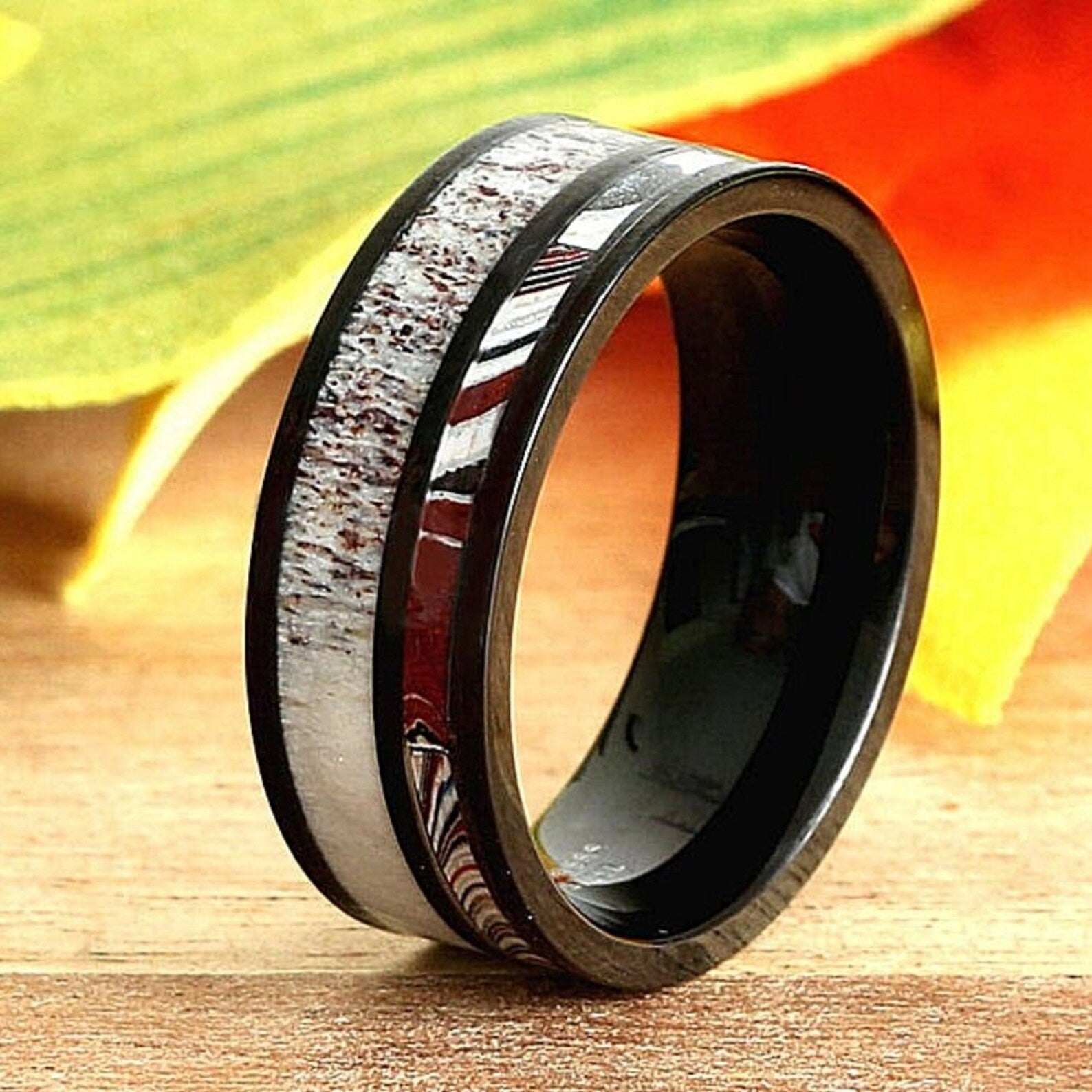 Deer Antler & Fordite Inlay Wedding Band (Unisex)