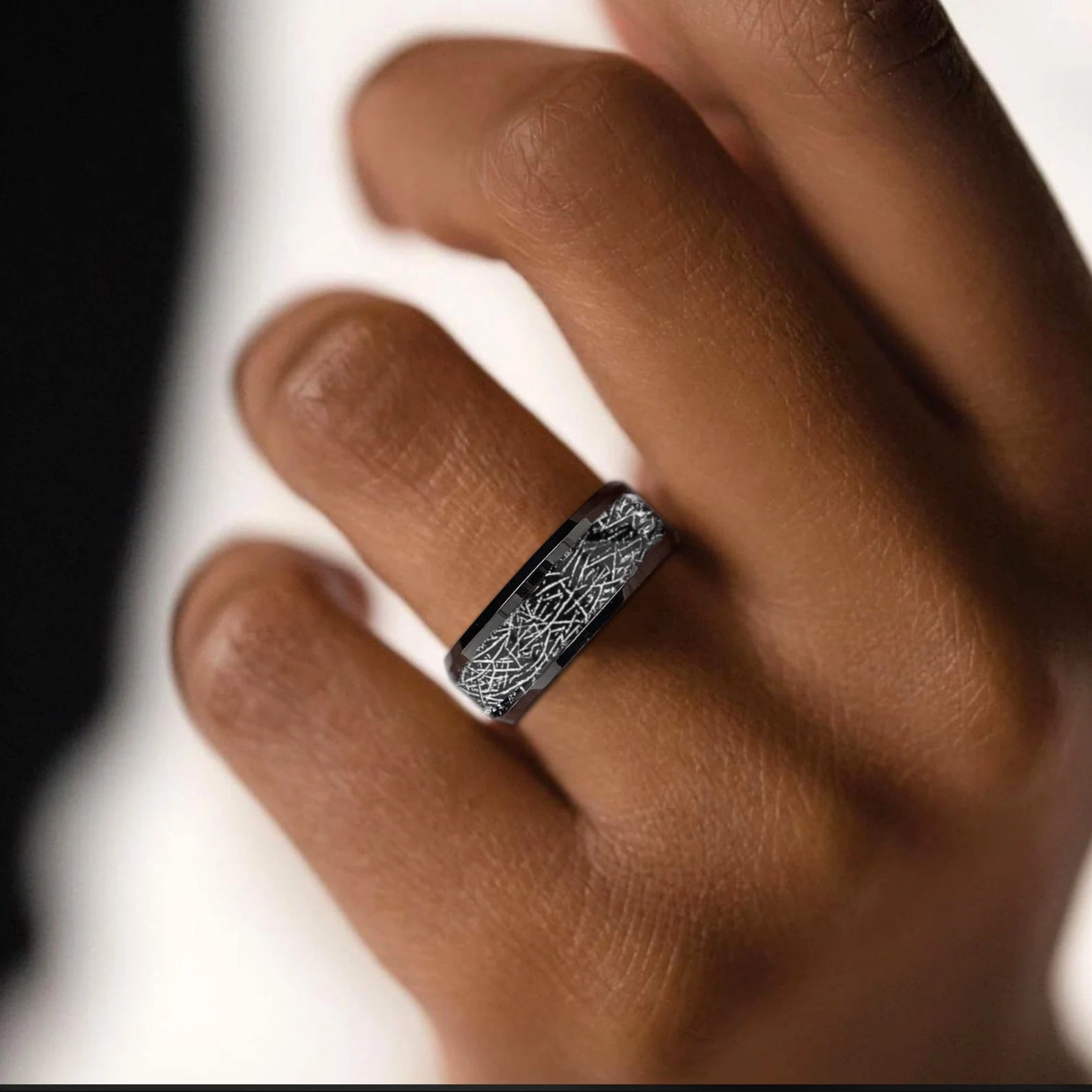 His & Hers Engagement ring and Tungsten Wedding Bands with Inlaid Meteorite Replica
