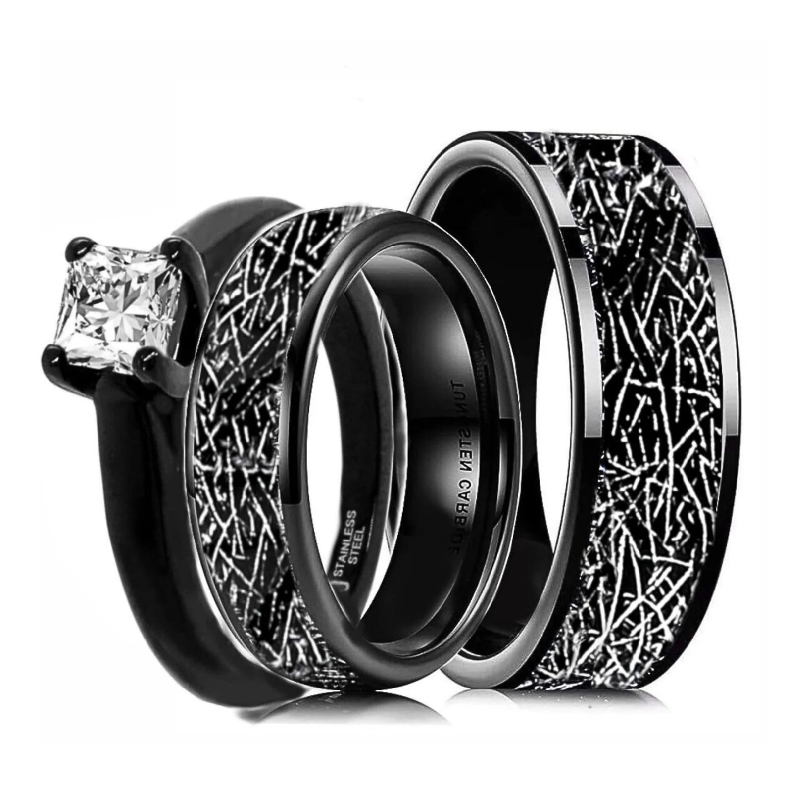 His & Hers Engagement ring and Tungsten Wedding Bands with Inlaid Meteorite Replica
