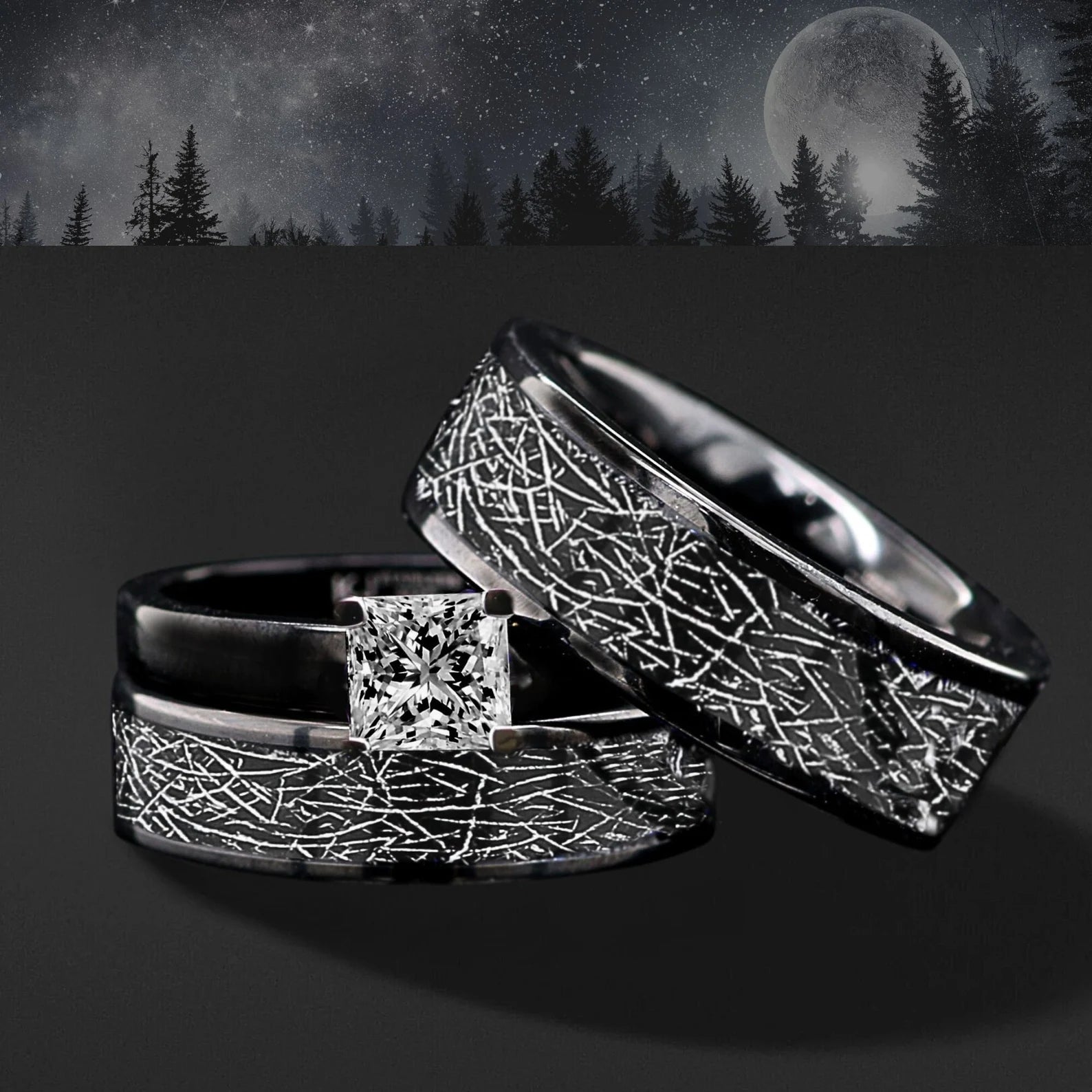 His & Hers Engagement ring and Tungsten Wedding Bands with Inlaid Meteorite Replica
