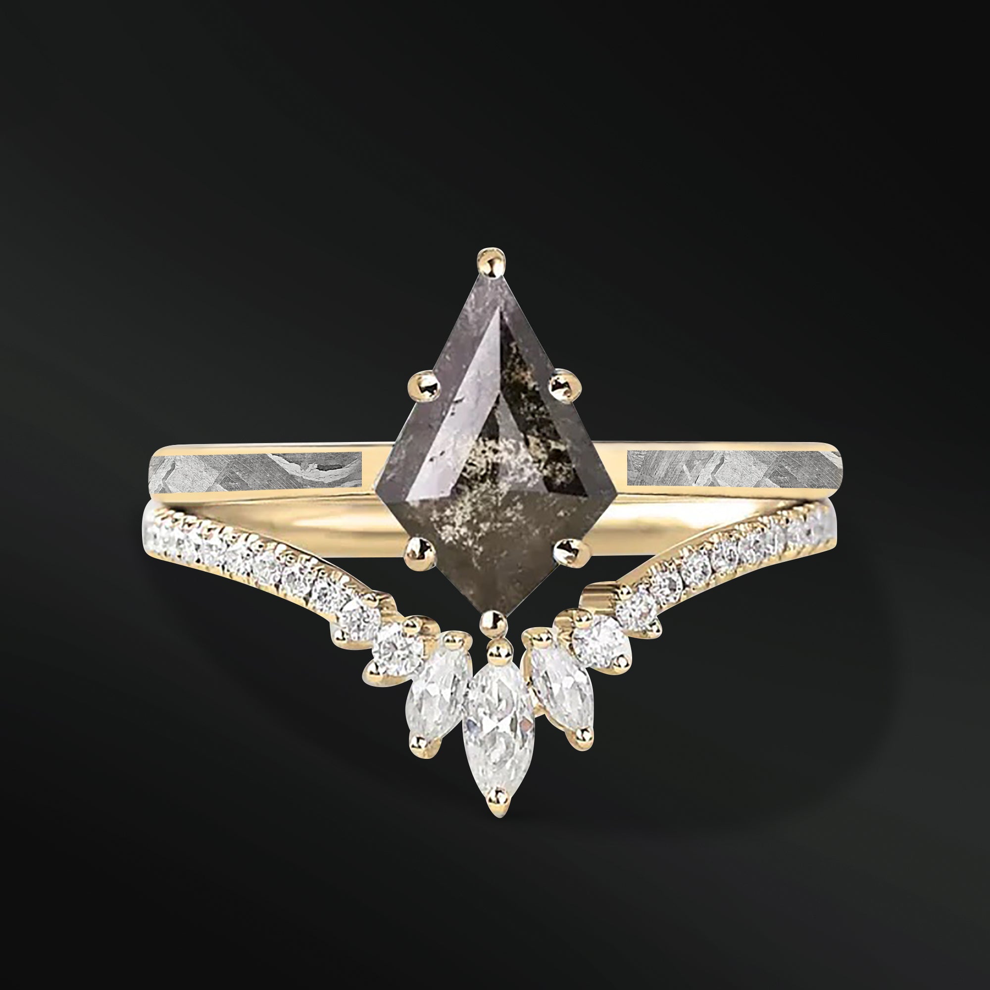 AZEELIA - 14K GOLD ENGAGEMENT RING SET - NATURAL METEORITE AND KITE GALAXY DIAMOND RINGS