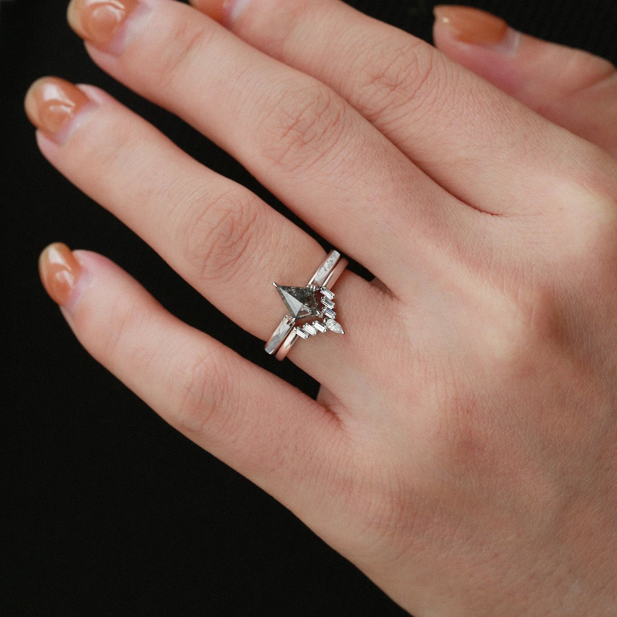 SOFIA - 14K GOLD ENGAGEMENT RING SET - NATURAL METEORITE AND KITE GALAXY DIAMOND RINGS