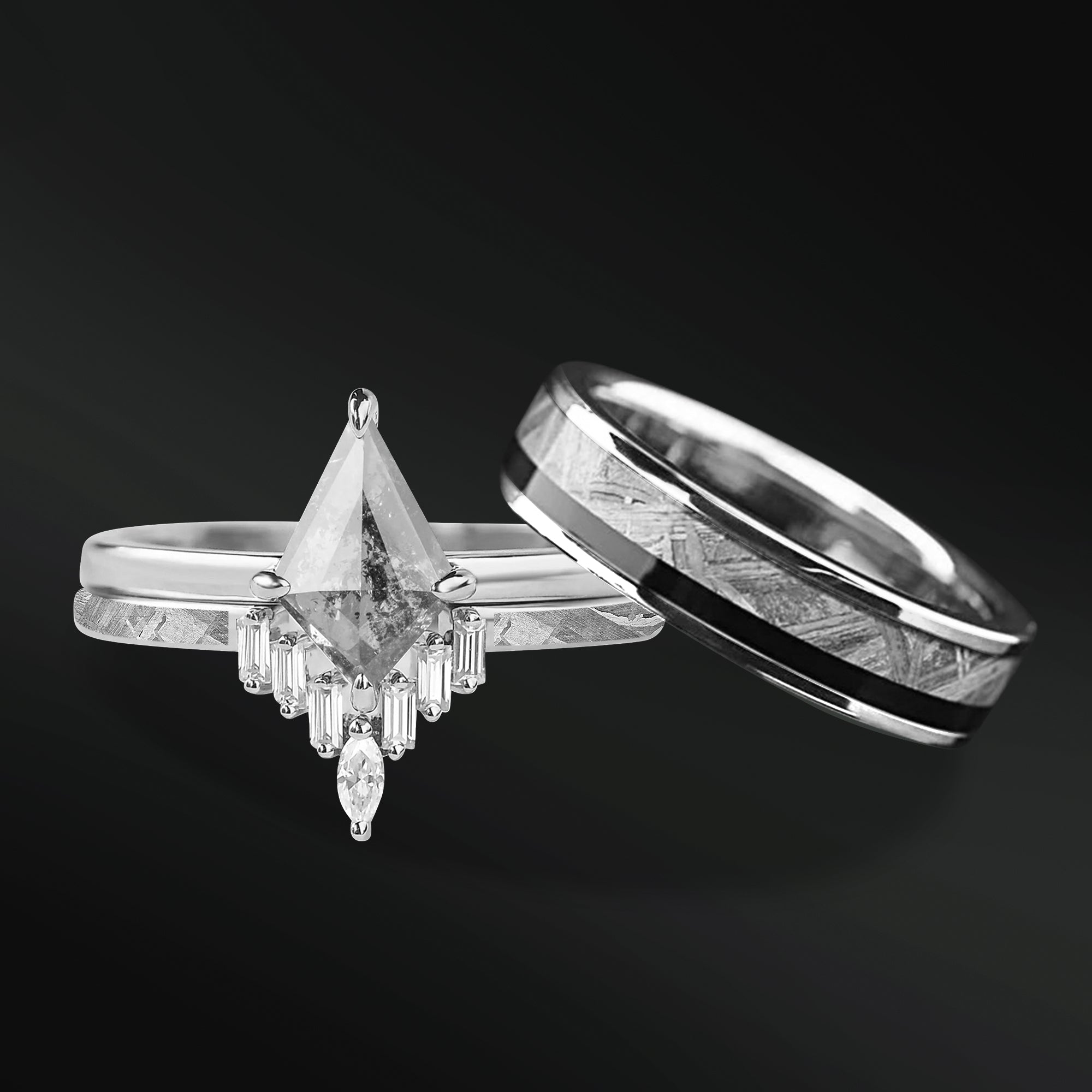 SOFIA's secret - His & Hers Gold Engagement Wedding Rings Set - Kite-Shaped Galaxy Diamond Ring with Natural Meteorite