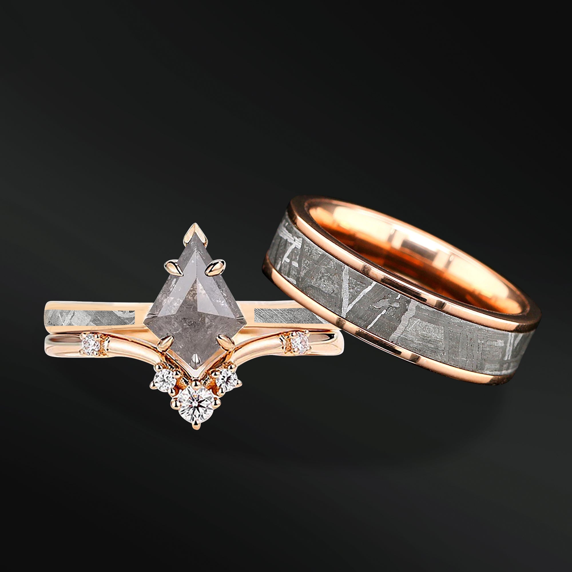 FIONA COSMIC TRIO SET | ENGAGEMENT WEDDING RING SET FOR HIM AND HER | 14K GOLD, KITE GALAXY DIAMOND RING FOR HER | NATURAL METEORITE BANDS WITH TUNGSTEN CORE