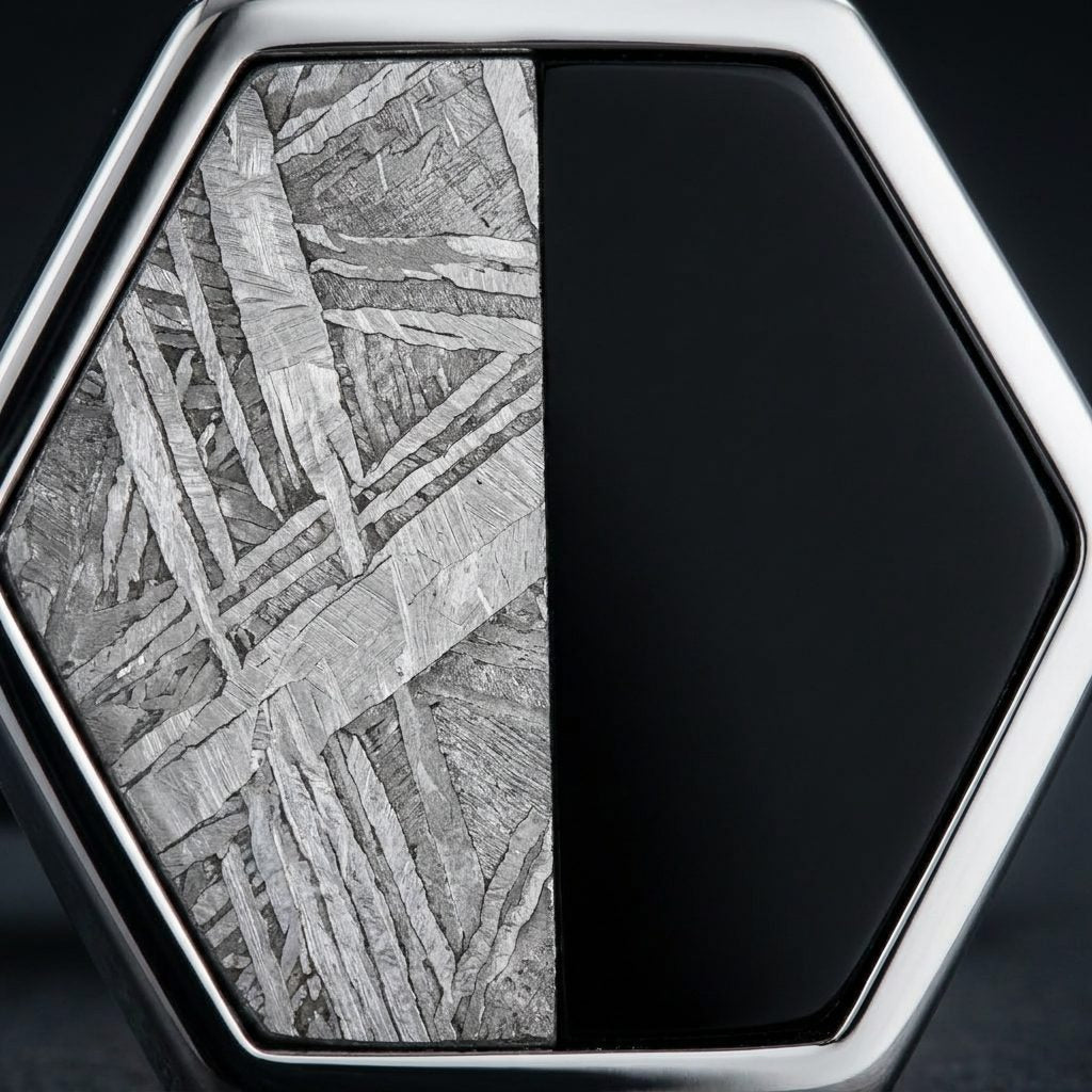 Orion Hexagon - Muonionalusta Meteorite and Black Onyx - Cufflinks