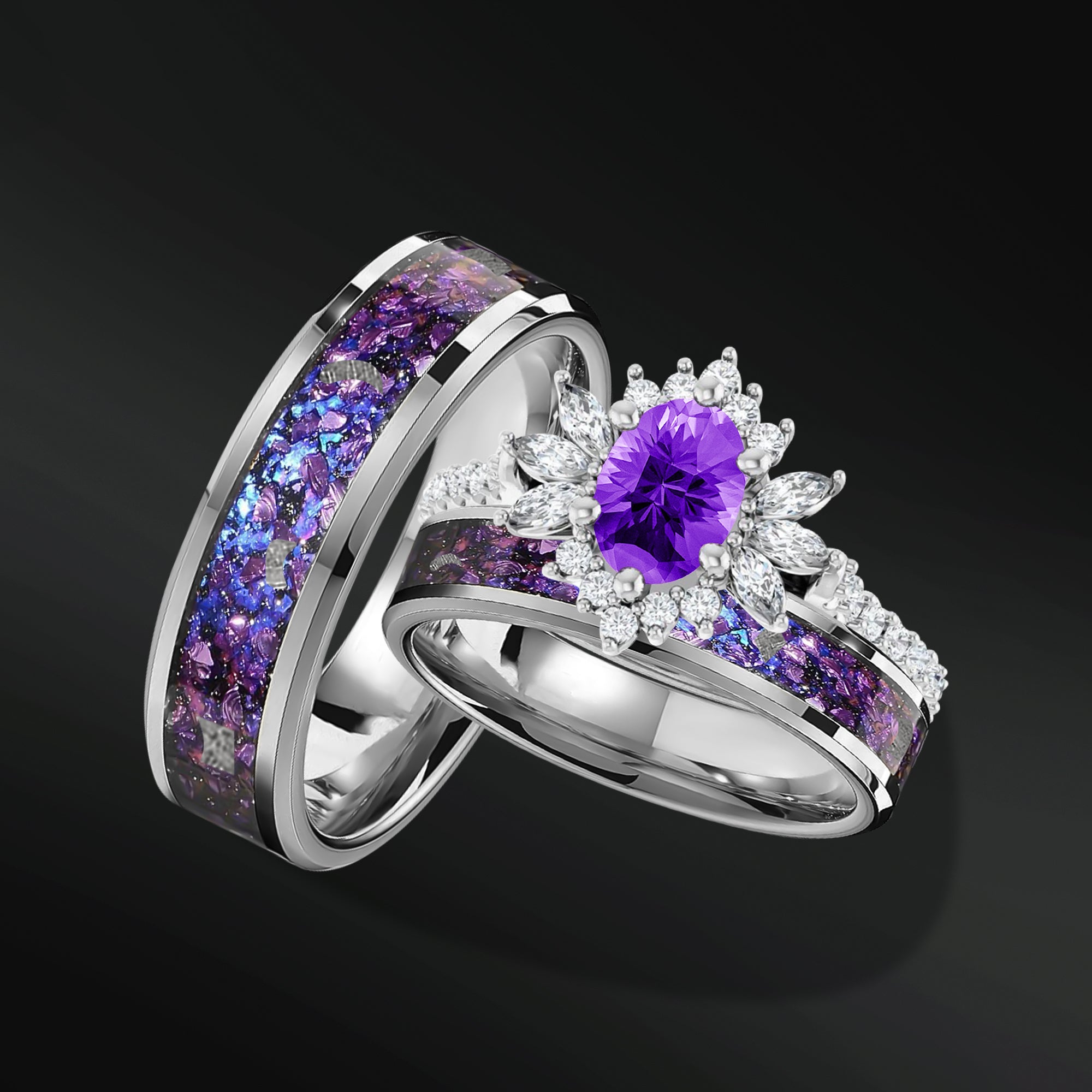 Twilight Spark Set - 3PCS His & Her Wedding Ring Set | Natural Amethyst Engagement Ring With Natural Diamonds| Muonionalusta Meteorite, Amethyst and Opal Wedding Band