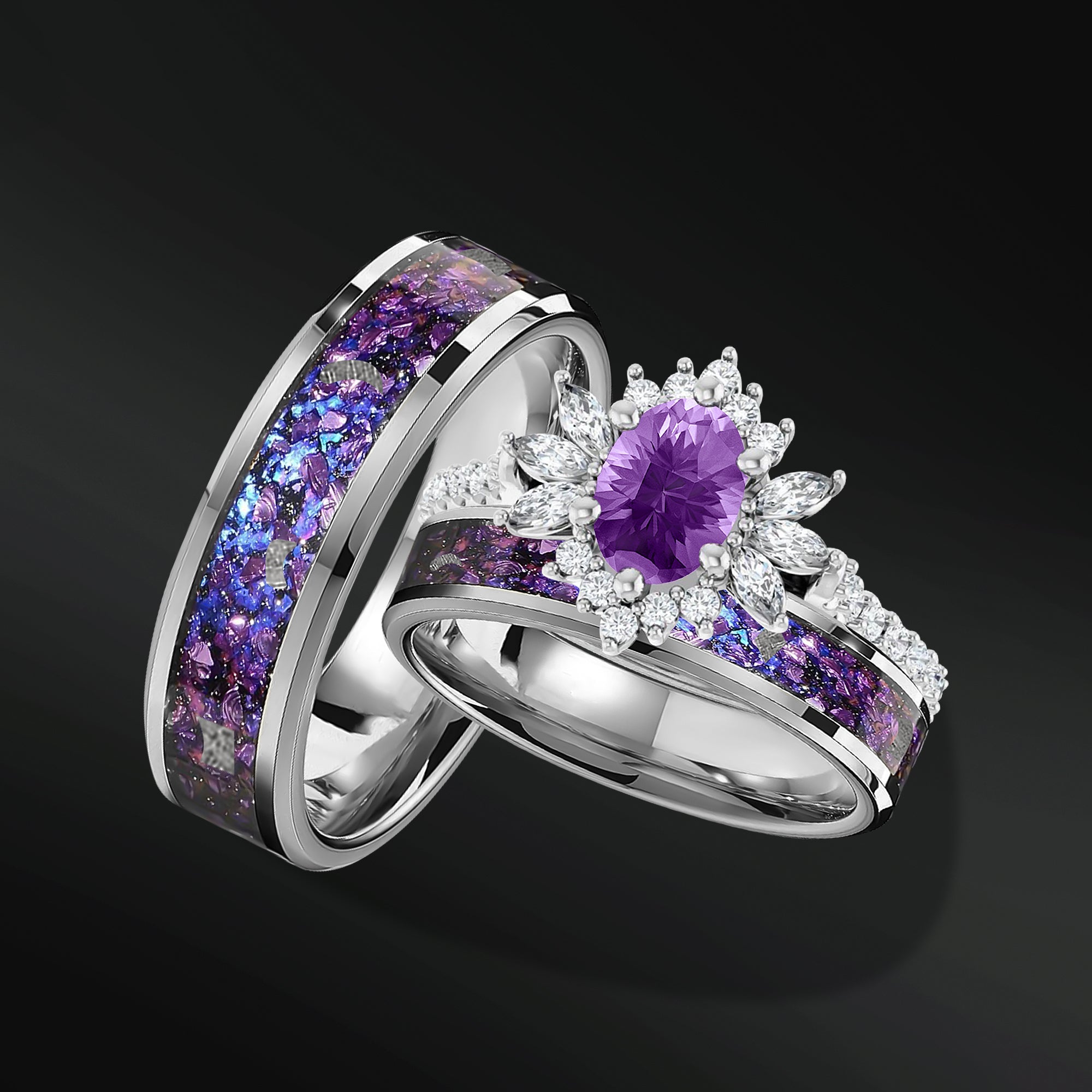 Twilight Spark Set - 3PCS His & Her Wedding Ring Set | Natural Amethyst Engagement Ring With Natural Diamonds | Muonionalusta Meteorite, Amethyst and Opal Wedding Band