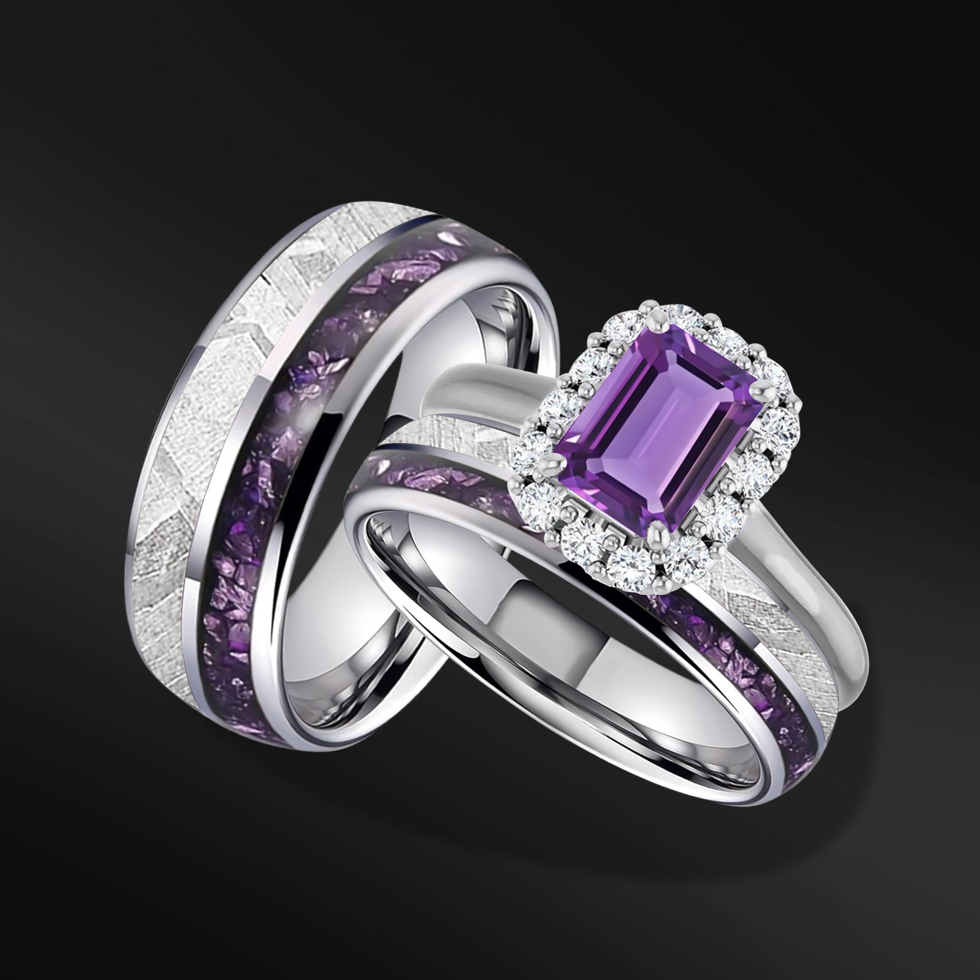 Violet Bliss Set - 3PCS His & Her Wedding Engagement Ring Set | Amethyst Engagement Ring With Natural Diamonds| Muonionalusta Meteorite and Amethyst Wedding Band