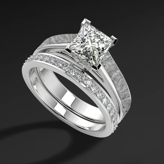 Golden Skyfall Set - 3PCS His & Her Wedding Engagement Ring Set | 1.3 ct Lab Diamond | Muonionalusta Meteorite Wedding Band