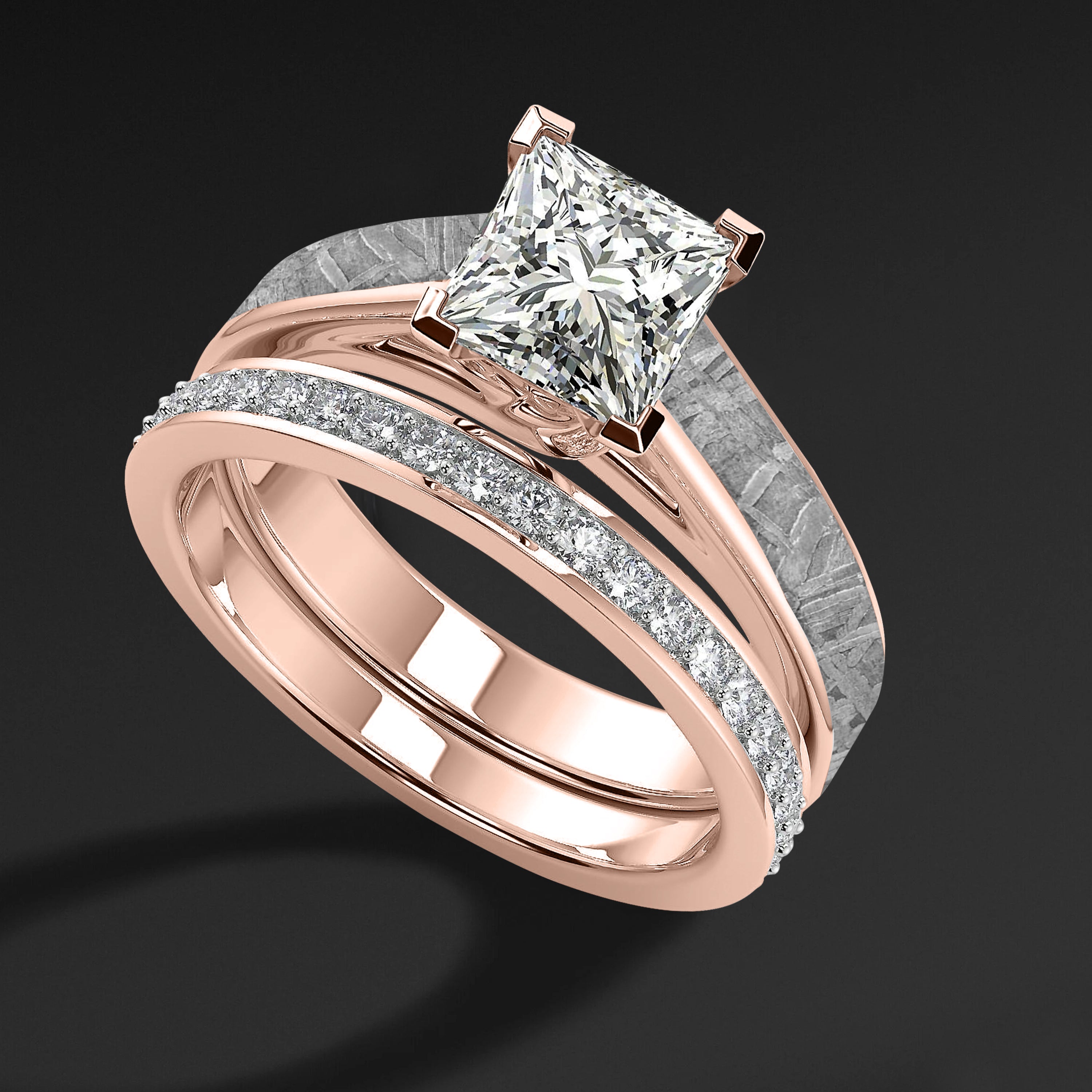 Golden Skyfall Set  - 14K Gold & Meteorite Engagement Wedding Ring Set | Made to order