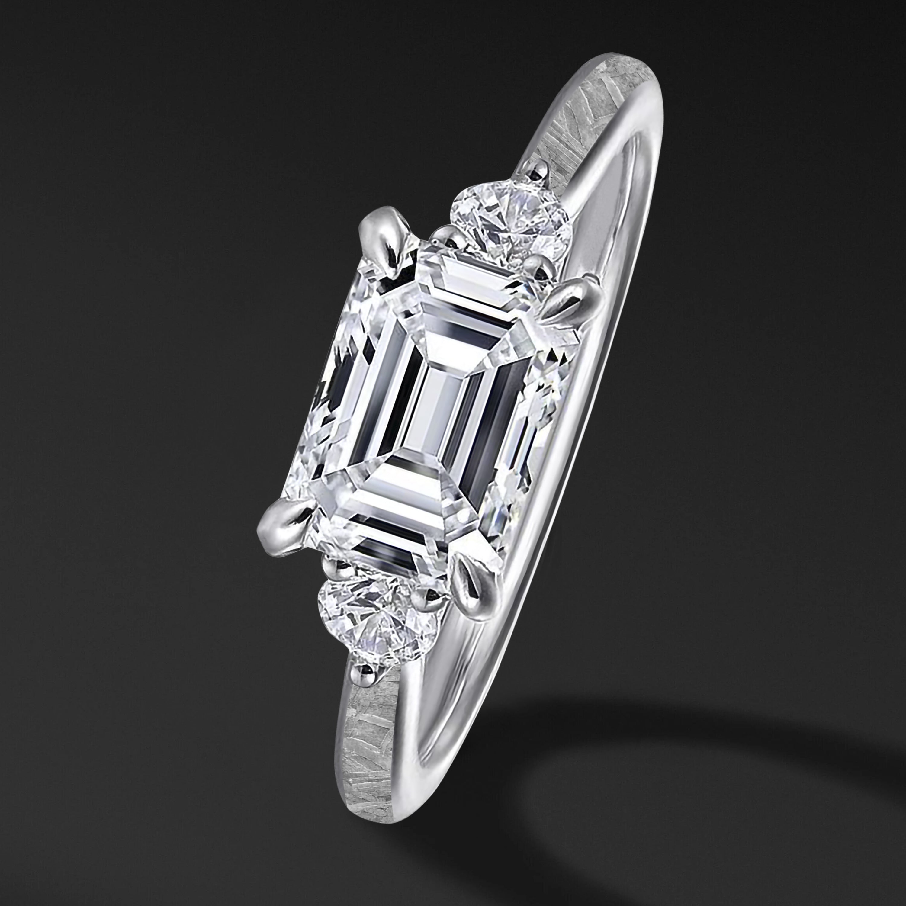 CELESTIAL GRACE | EMERALD-CUT DIAMOND ENGAGEMENT RING FOR HER IN 14K GOLD WITH NATURAL METEORITE BAND