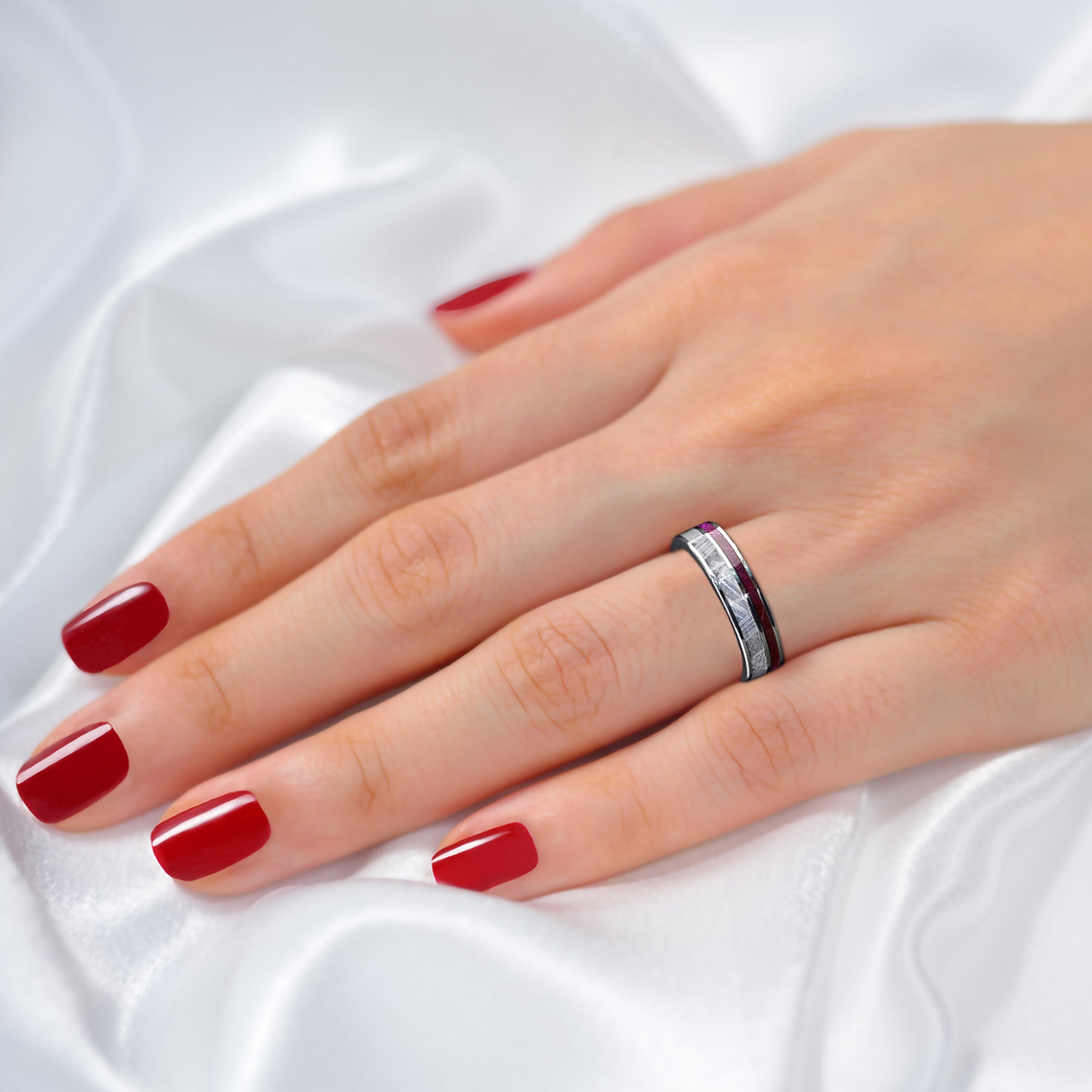 Cosmic Violet Timber Set - Meteorite Couple Engagement Ring Set | Certified Moissanite Ring Set D-Color VVS1 | Unique Women Engagement Ring