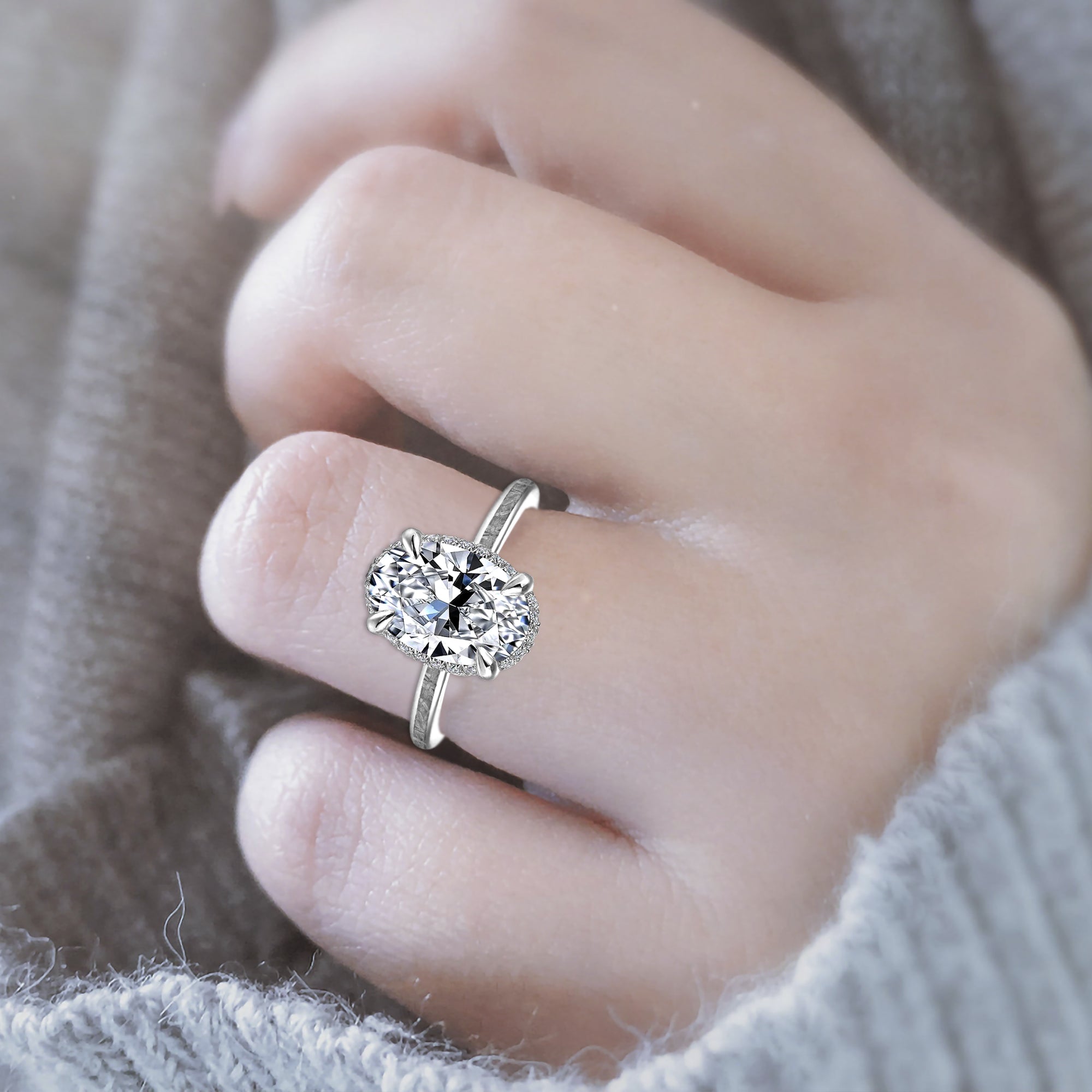 New Sky - 14K Gold or Sterling Silver Meteorite Engagement Ring for Her | Oval-Cut Moissanite Ring for Women | Unique Celestial Jewelry