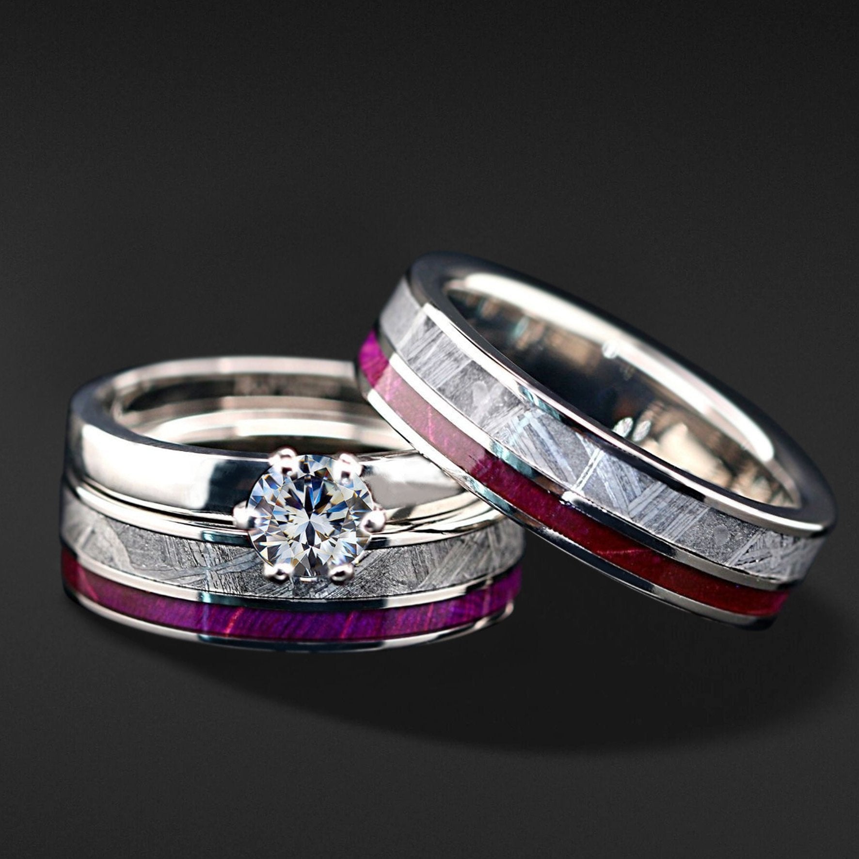 Cosmic Violet Timber Set - Meteorite Couple Engagement Ring Set | Certified Moissanite Ring Set D-Color VVS1 | Unique Women Engagement Ring