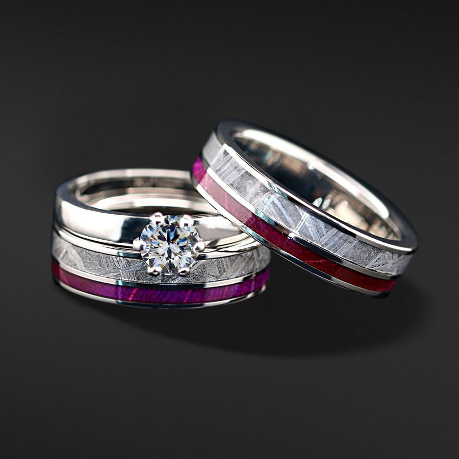 3 PCs Titanium Rings Wedding Band| Meteorite, and Wood Wedding Bridal