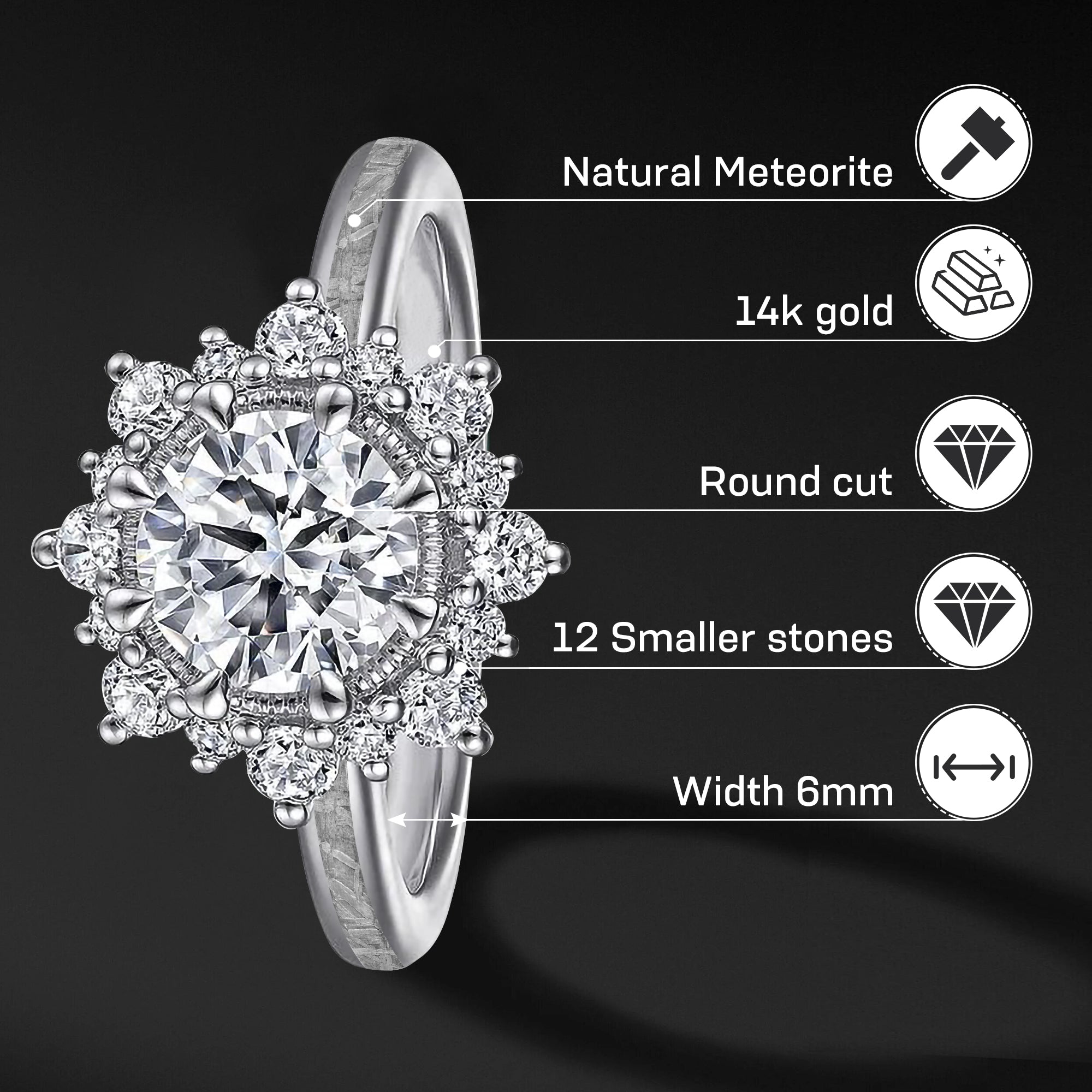 Stellar Bloom | 14K Gold Engagement Ring for Her | Brilliant Moissanite and Natural Meteorite