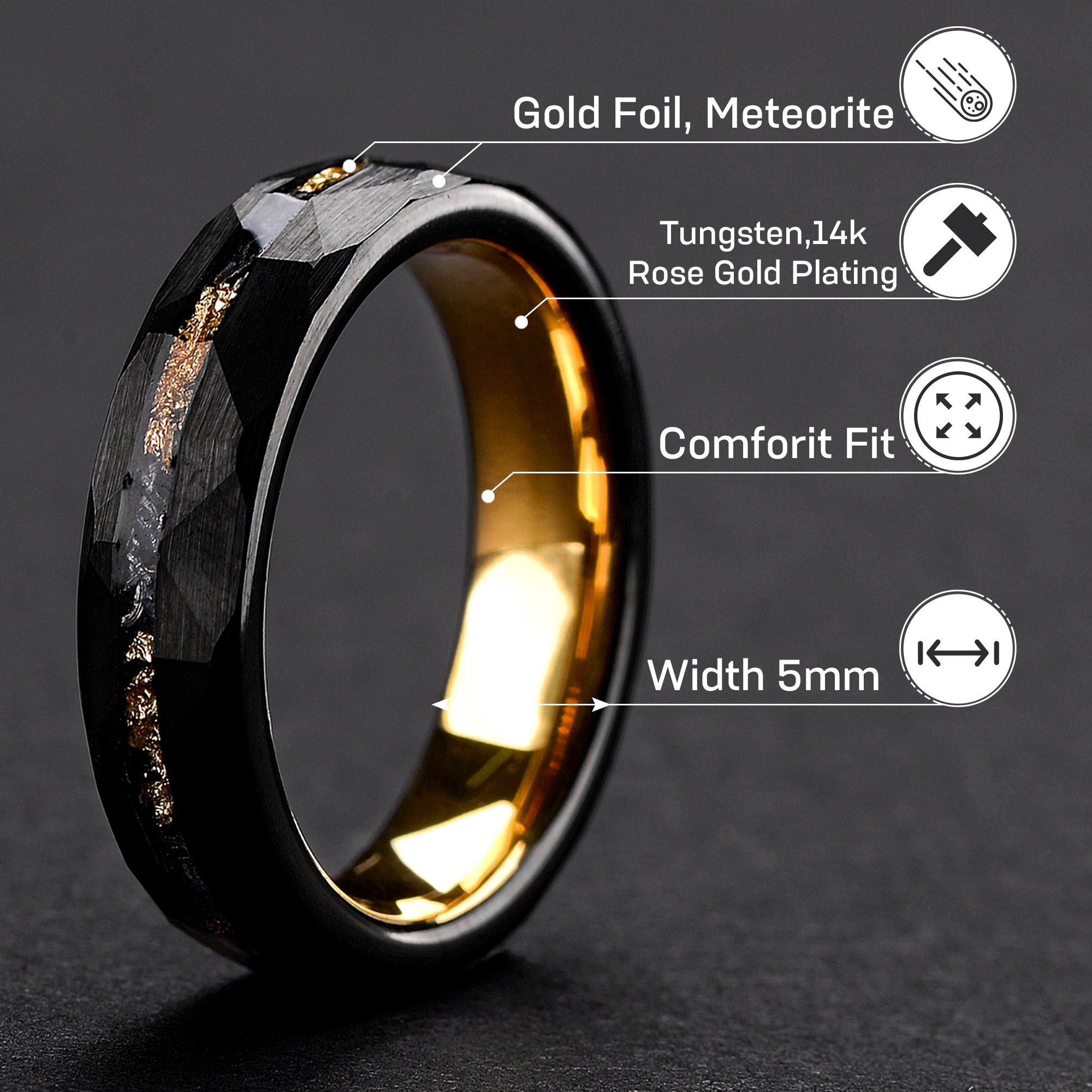 Tungsten Meteorite Ring for Women | Gold Plated Wedding Band | 5mm