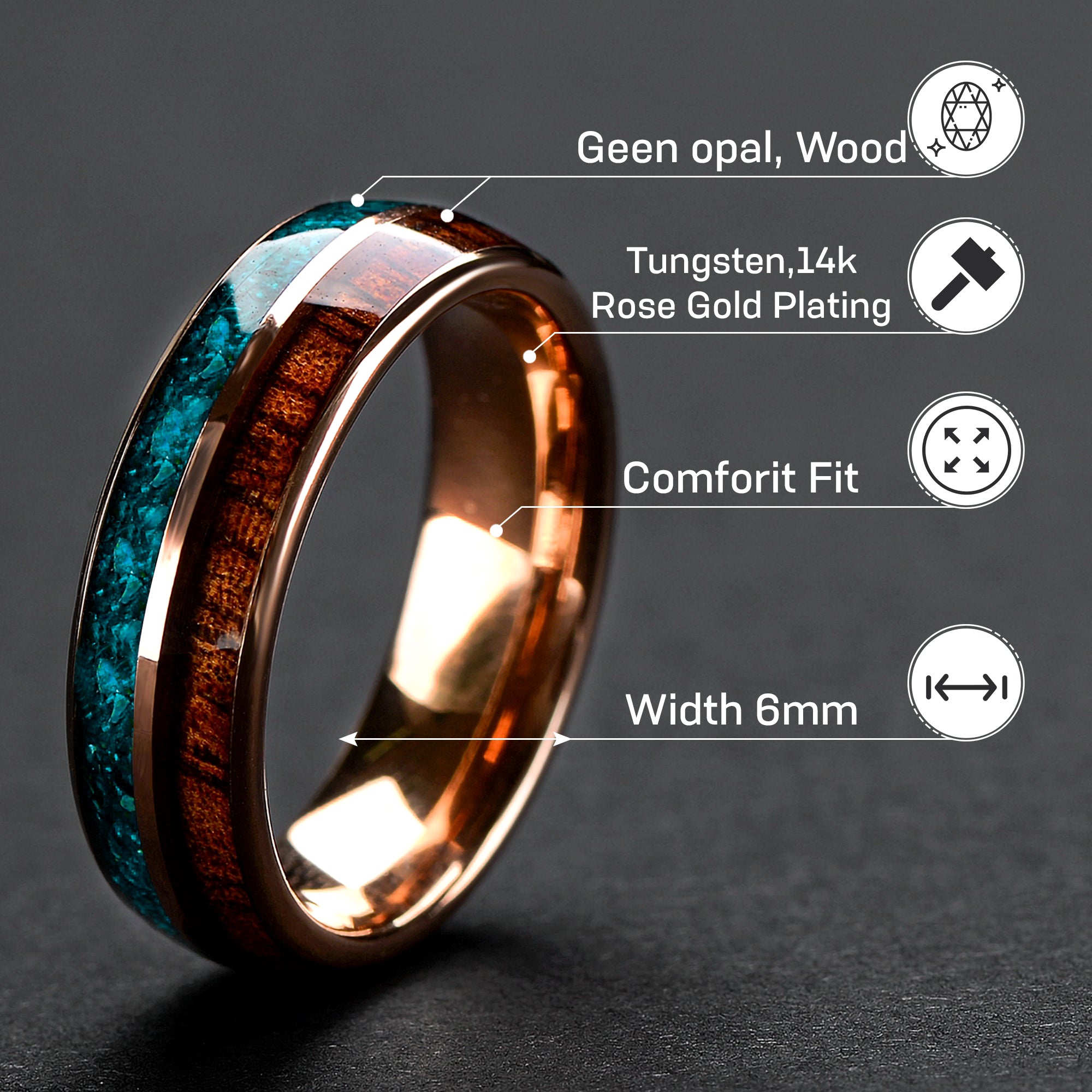 Tungsten Meteorite Ring for Women | Gold Plated Wedding Band | 6mm