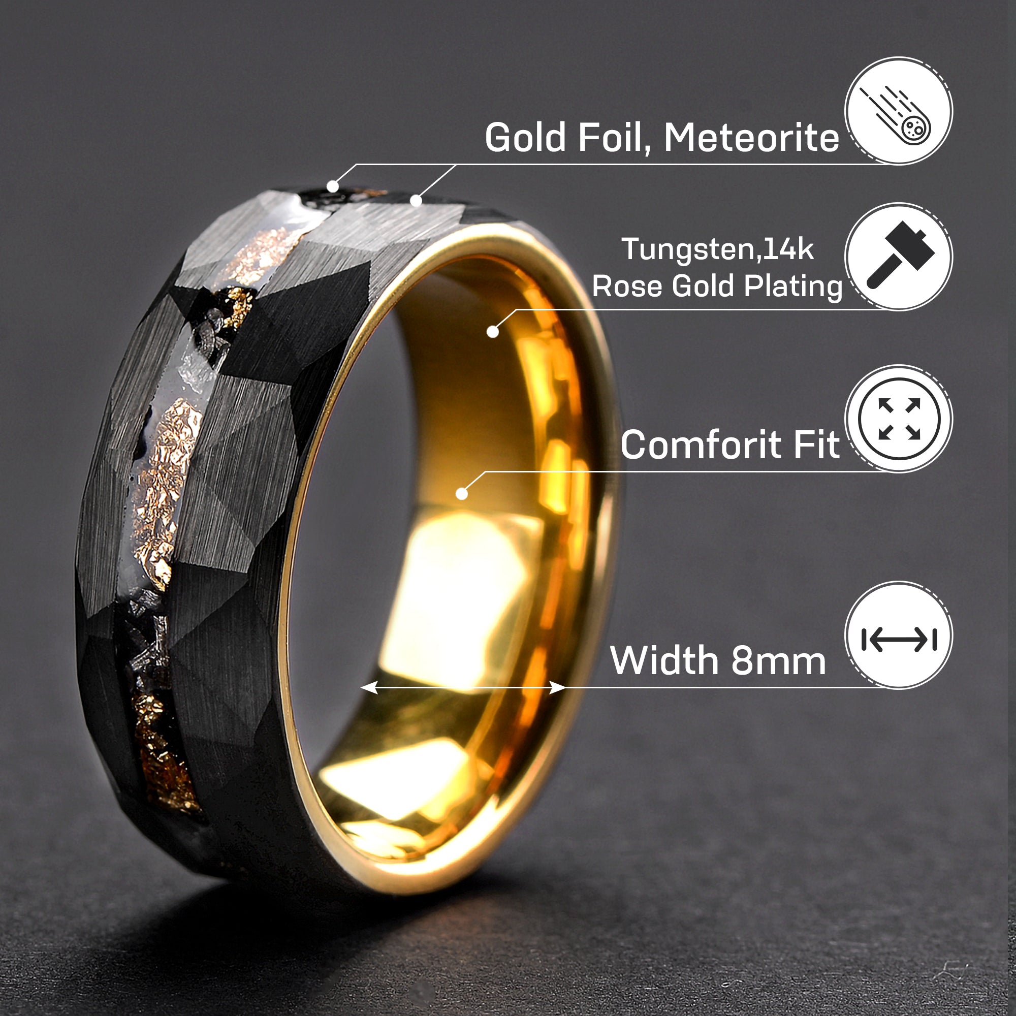 Tungsten Meteorite Ring for Men | Gold Plated Wedding Band | 8mm