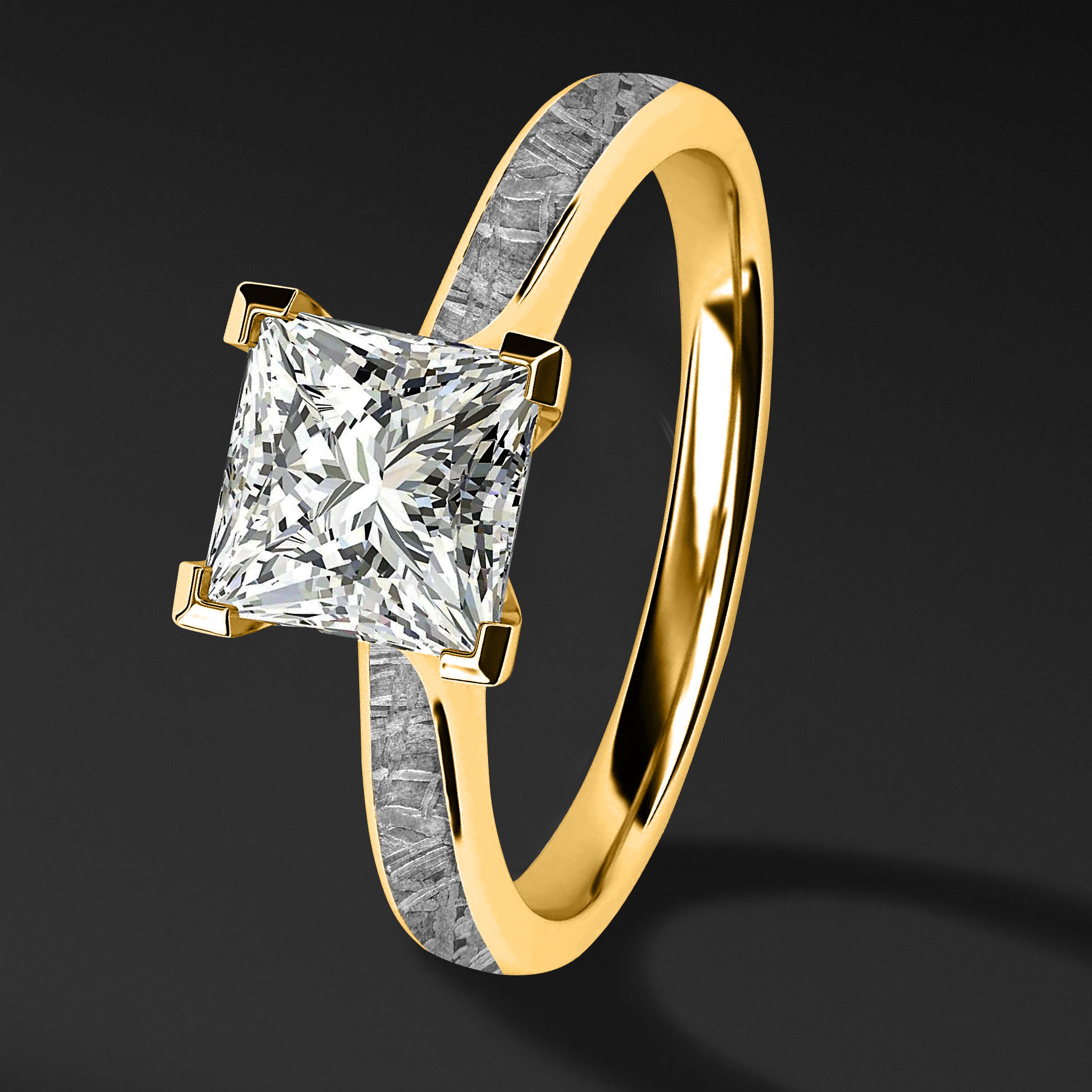 Golden Skyfall - Meteorite Engagement Ring 14K Gold & Moissanite - Gift from the Skies for your Beloved. Made to order.
