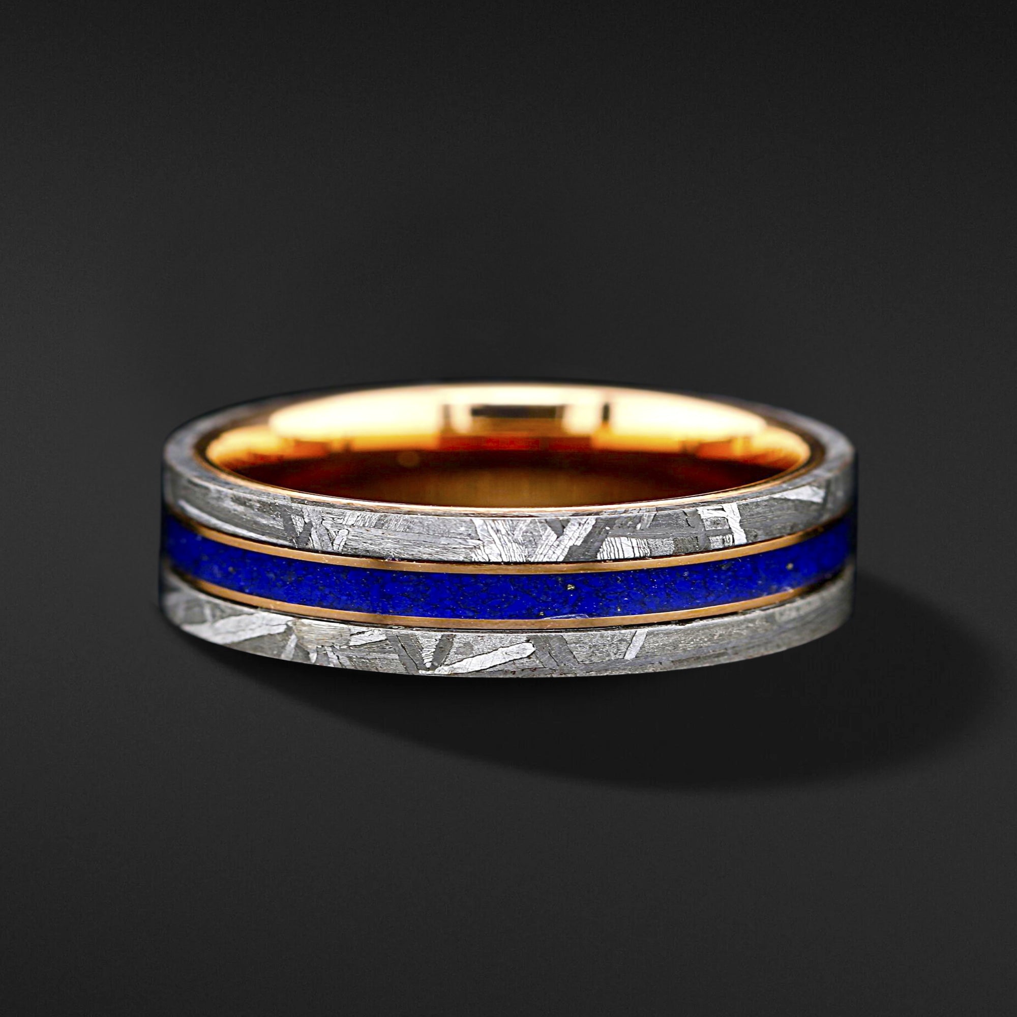 Meteorite Wedding Band | Unisex Lapis Lazuli Meteorite Ring | Tungsten with Rose Gold Wedding Band for Him & Her