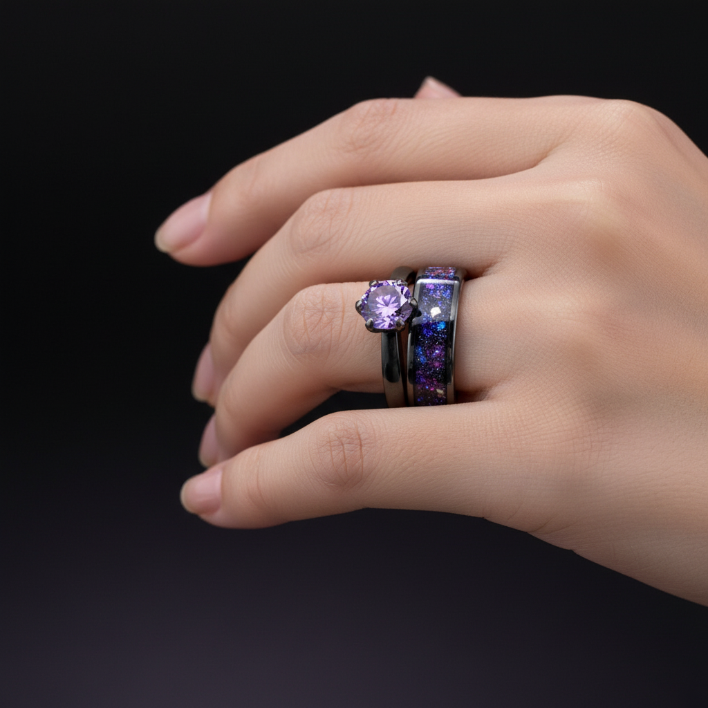 NEBULA - Natural Meteorite & Opal Unique Engagement Wedding Rings Set | Tungsten Wedding Bands for Him & Her