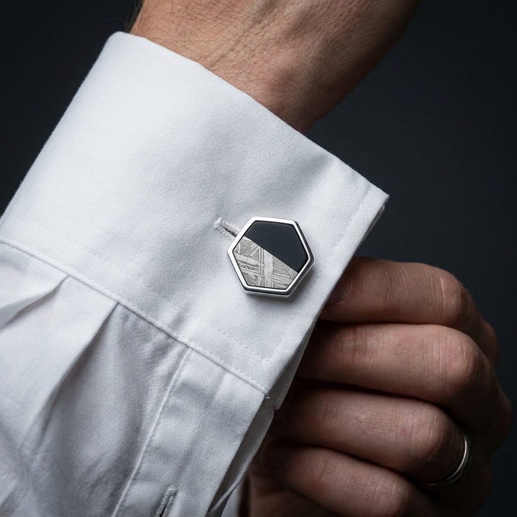 Orion Hexagon - Muonionalusta Meteorite and Black Onyx - Cufflinks