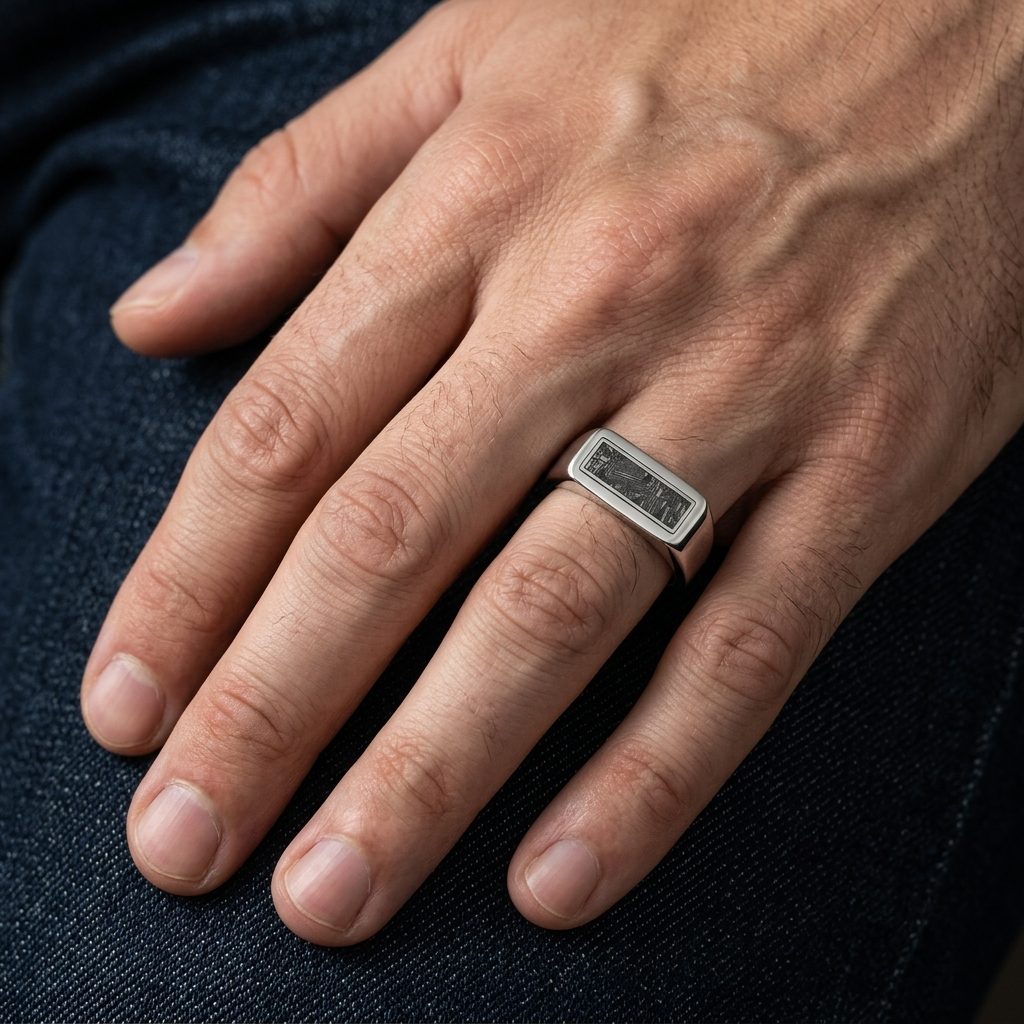 Inlay Bar - Black Aletai Meteorite - Slim Signet Ring