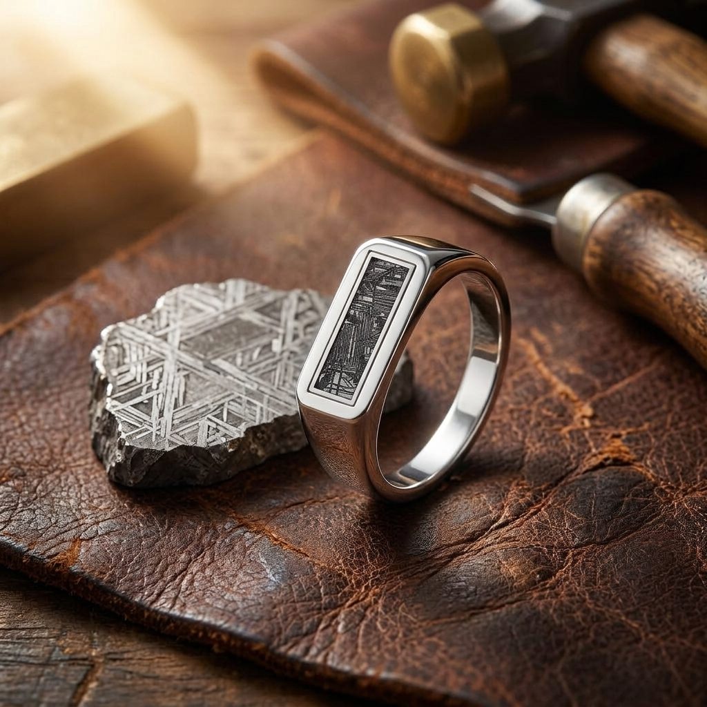 Inlay Bar - Black Aletai Meteorite - Slim Signet Ring