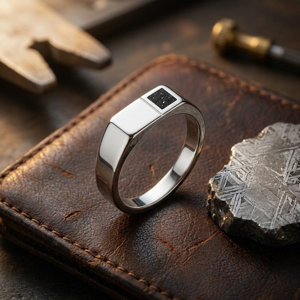 North - Lunar Meteorite Window - Slim Signet Ring