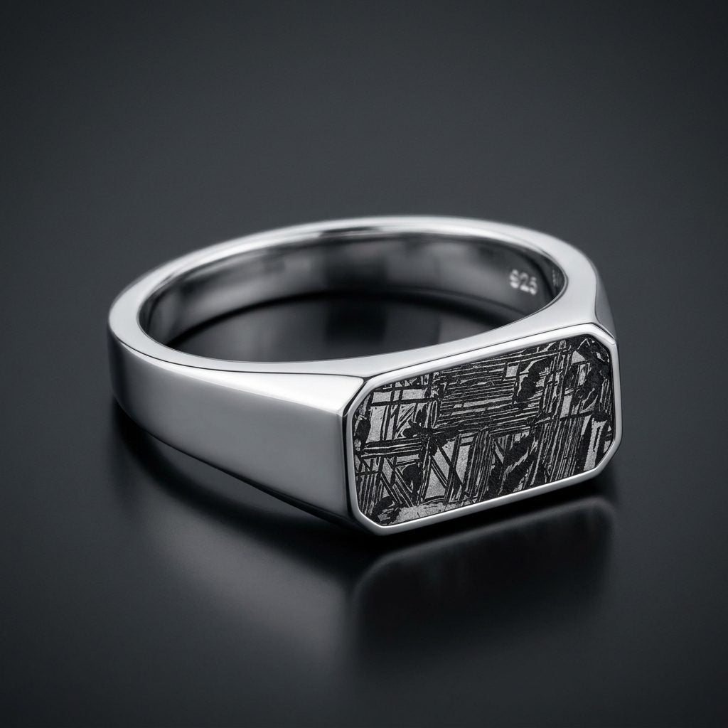 Slate - Black Aletai Meteorite - Slim Signet Ring