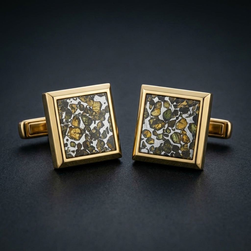Stellar Meridian — gold-plated sterling silver cufflinks with Sericho pallasite