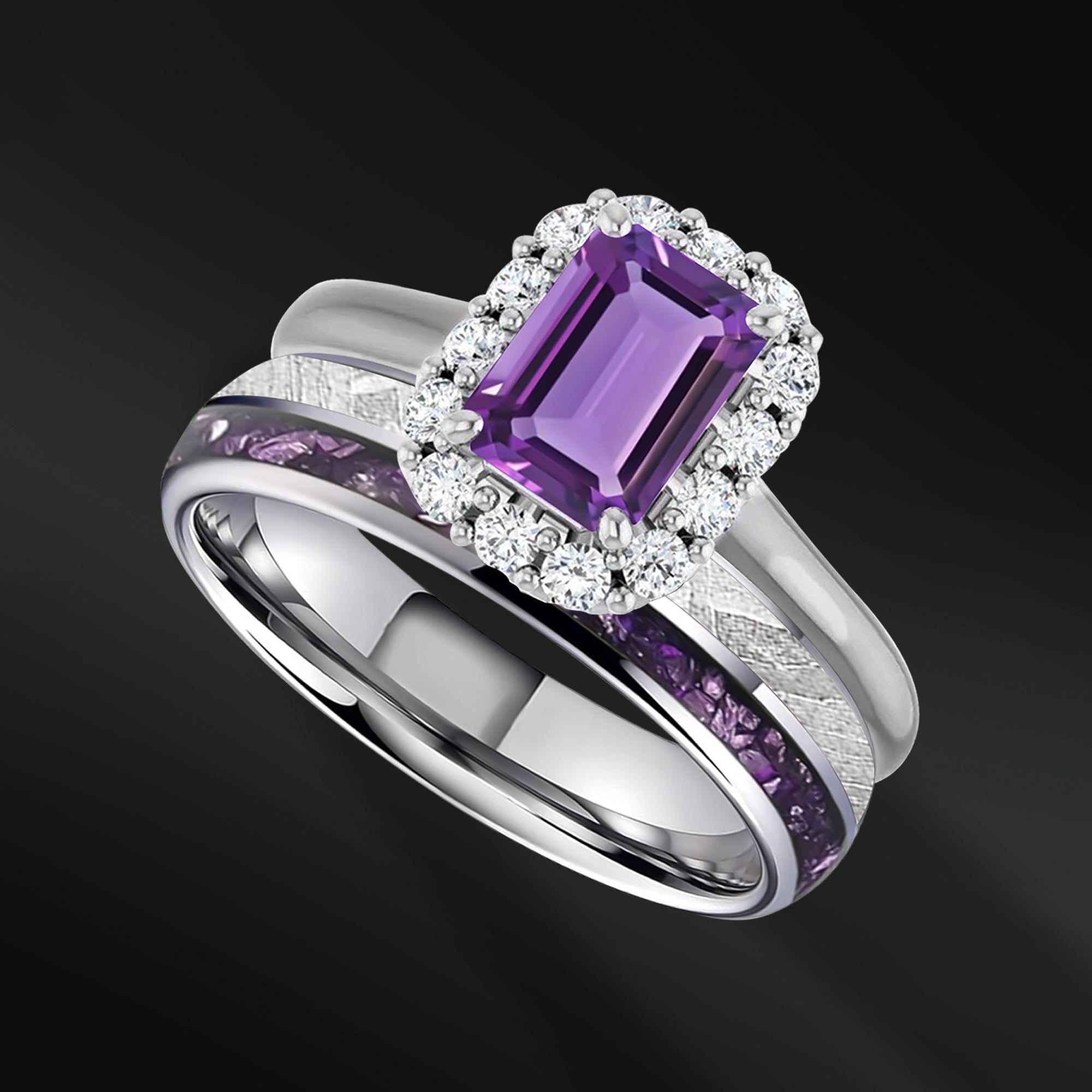 Violet Bliss Set - 3PCS His & Her Wedding Engagement Ring Set | Amethyst Engagement Ring With Natural Diamonds| Muonionalusta Meteorite and Amethyst Wedding Band