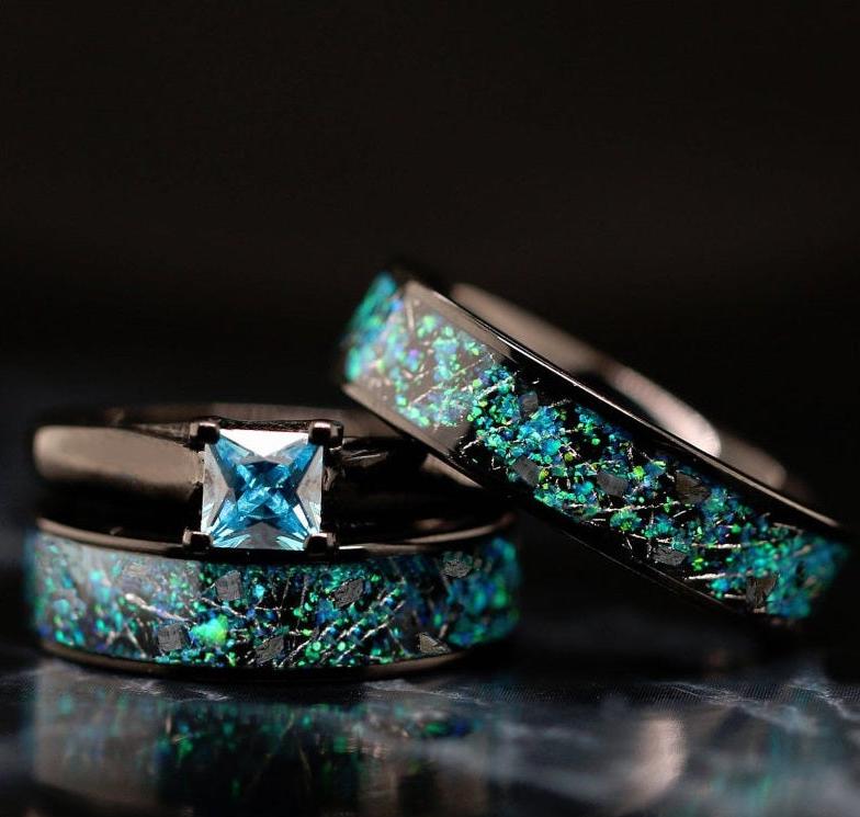 NIGHT SKY Opal & Meteorite Wedding Ring Set | Blue Solitaire Engagement Rings Set for Him and Her