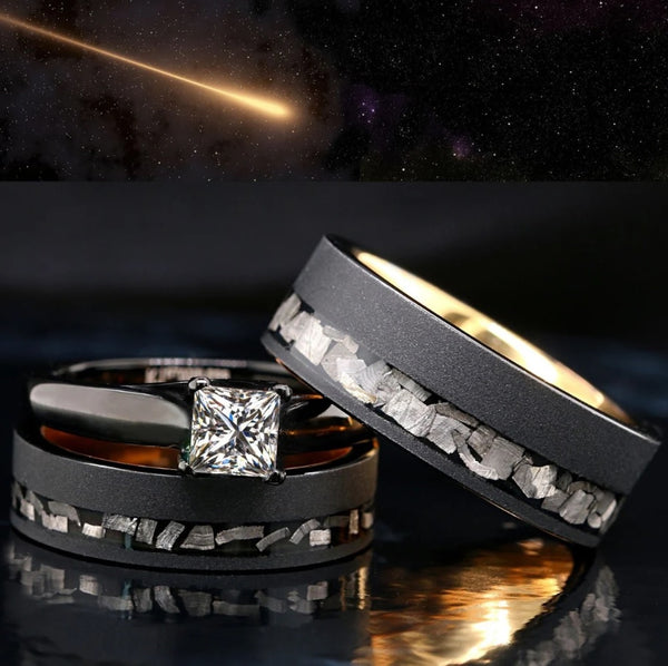 Match His and Hers Rose Gold Tungsten Rings with Meteorite and Wood Inlay-Wood Wedding Bands, Wedding Ring Sets, Wedding Band Sets
