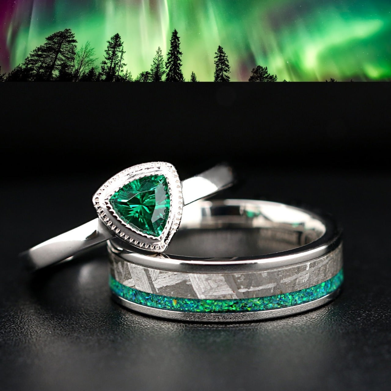 GalacticOpal - Meteorite & Green Opal Rings Set | Engagement Ring & Wedding Bands for Him & Her