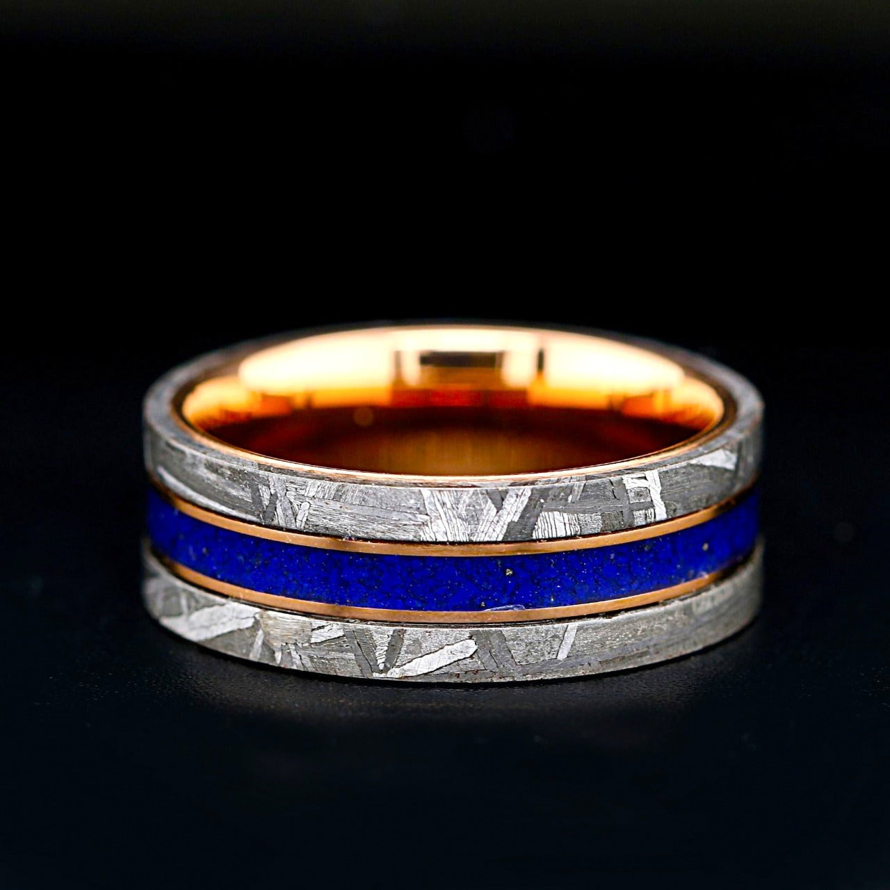 Meteorite Wedding Band | Unisex Lapis Lazuli Meteorite Ring | Tungsten with Rose Gold Wedding Band for Him & Her