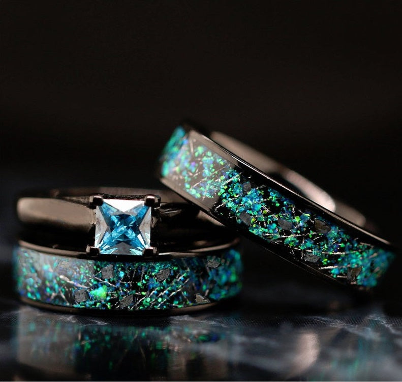 NIGHT SKY Opal & Meteorite Wedding Ring Set | Blue Solitaire Engagement  Rings Set for Him and Her