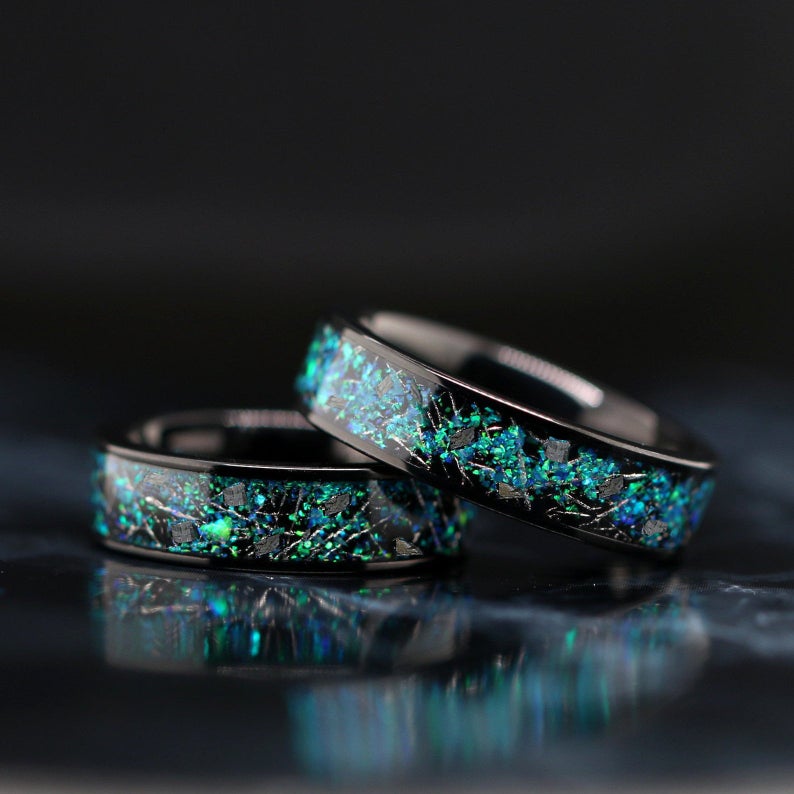 Meteorite natural Green & Blue opal chips Wedding Band for Men and Women