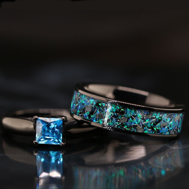 NIGHT SKY Opal & Meteorite Wedding Ring Set | Blue Solitaire Engagement Rings Set for Him and Her