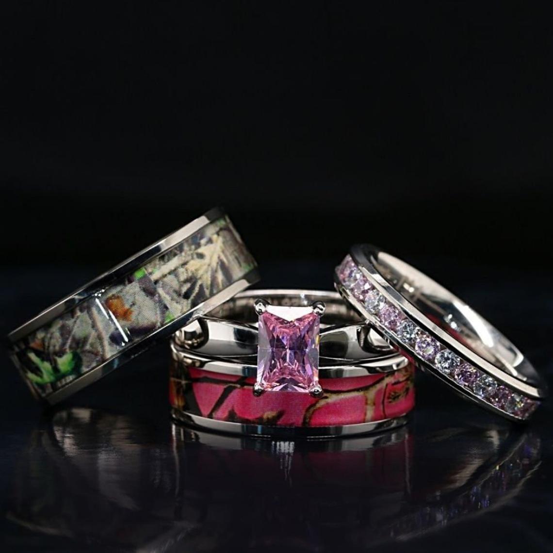 Pink Camo Engagement & Wedding Ring Set - Stainless Steel & Titanium - Men's Size 13, Women's Size 6 - View #10