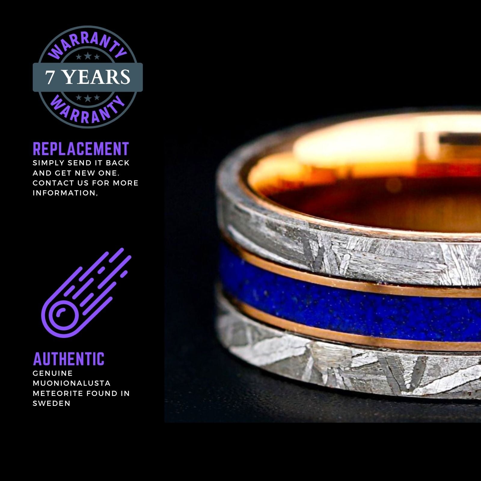 Meteorite Wedding Band | Unisex Lapis Lazuli Meteorite Ring | Tungsten with Rose Gold Wedding Band for Him & Her