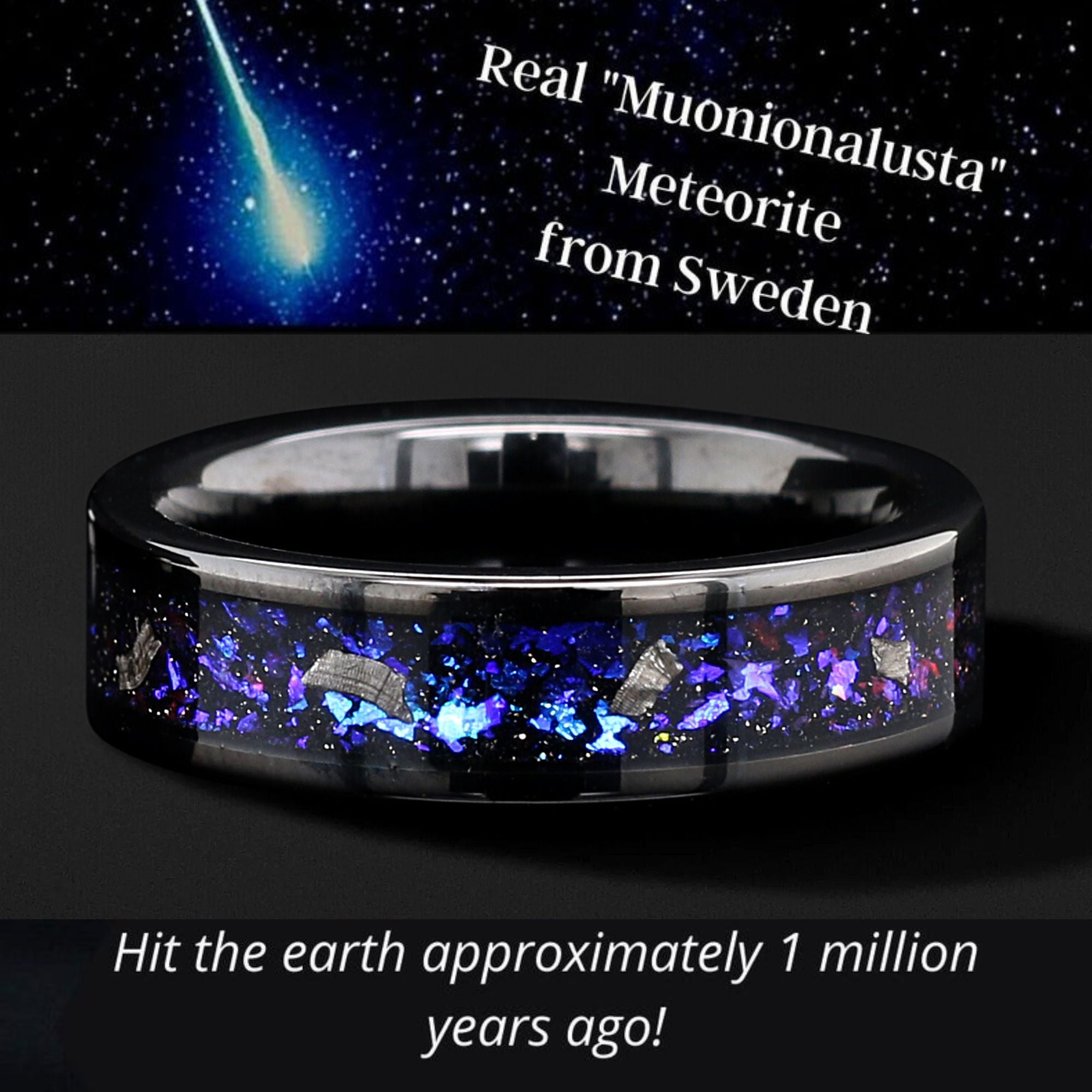 NEBULA Unique Engagement Wedding Rings Set | Natural Meteorite, Opal & Amethyst | Tungsten Wedding Bands for Him & Her