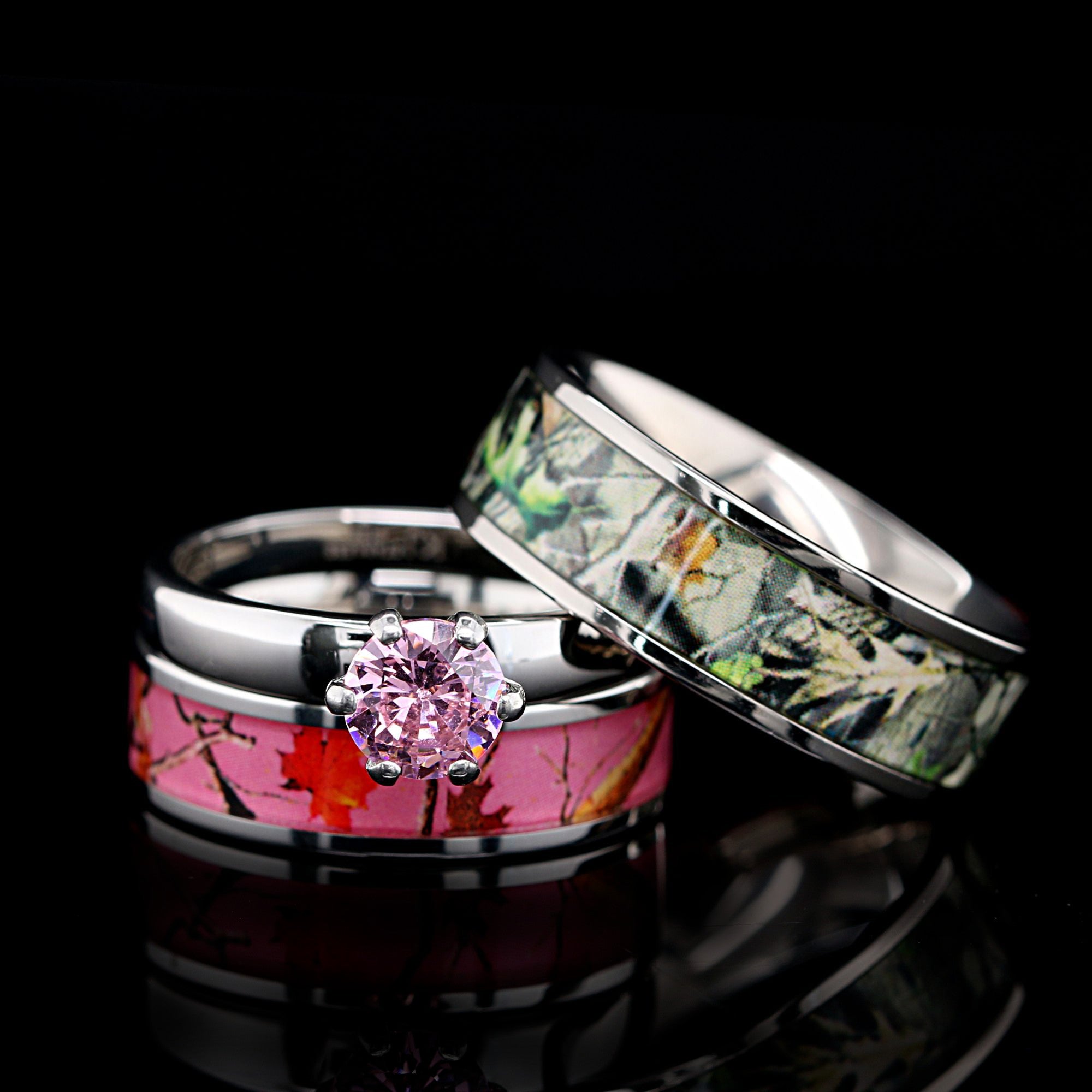 Rose Camo Bond Set - 3 piece His & Her Pink Camo Wedding Ring Set Stainless Steel and Titanium Engagement Rings