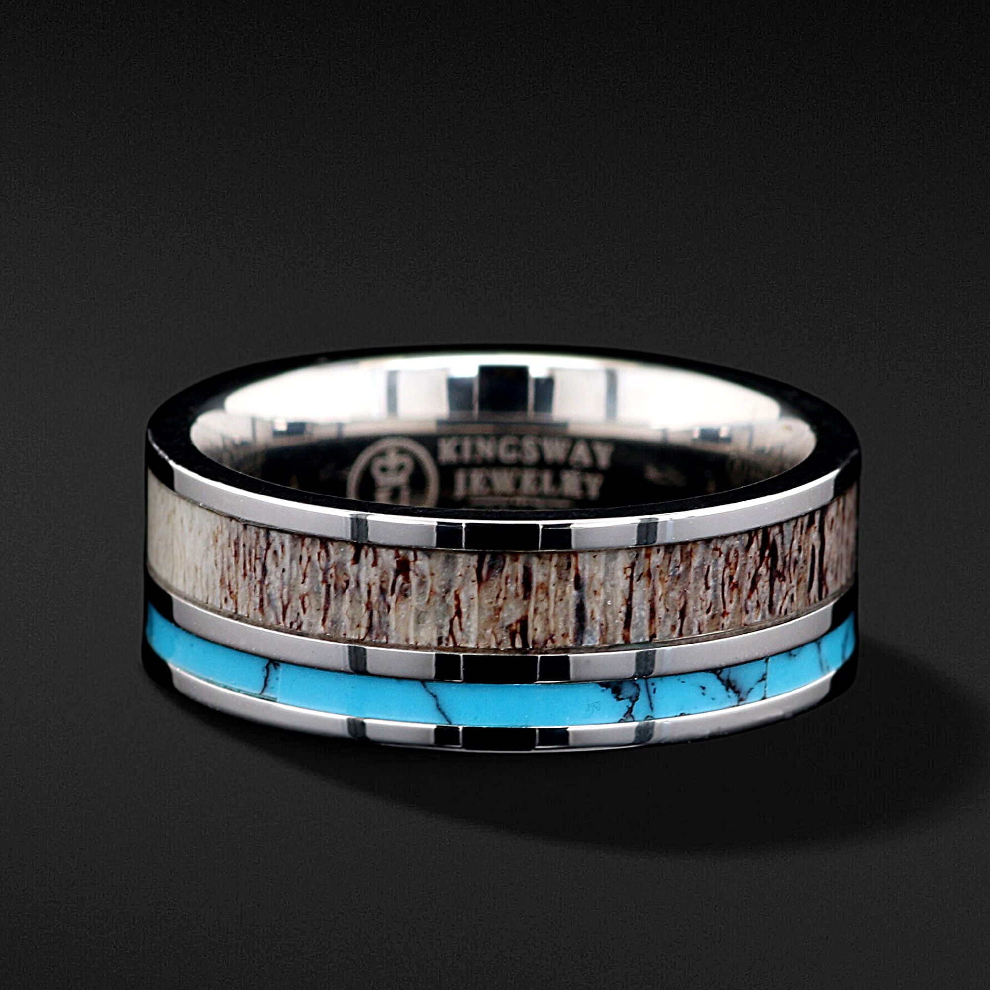 Turquoise Antler Harmony - 3 PCs Engagement Ring Band Set | Deer Antler & Turquoise Ring for Women | Stainless Steel Wedding Bands