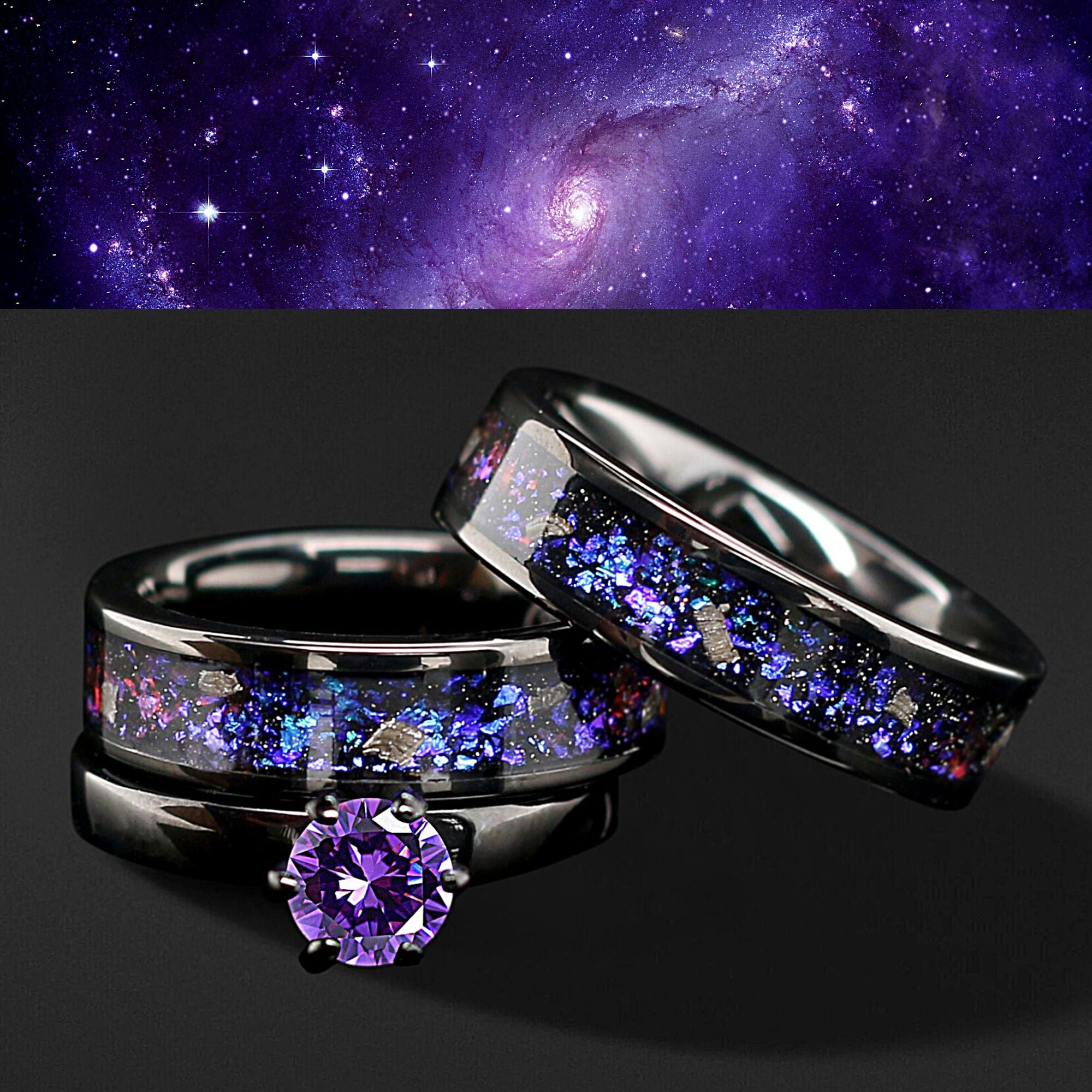 NEBULA Unique Engagement Wedding Rings Set | Natural Meteorite, Opal & Amethyst | Tungsten Wedding Bands for Him & Her