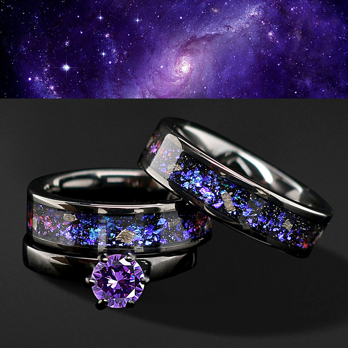 Great Rift Nebula Ring Set, His and Hers Wedding Band, Silver Ring