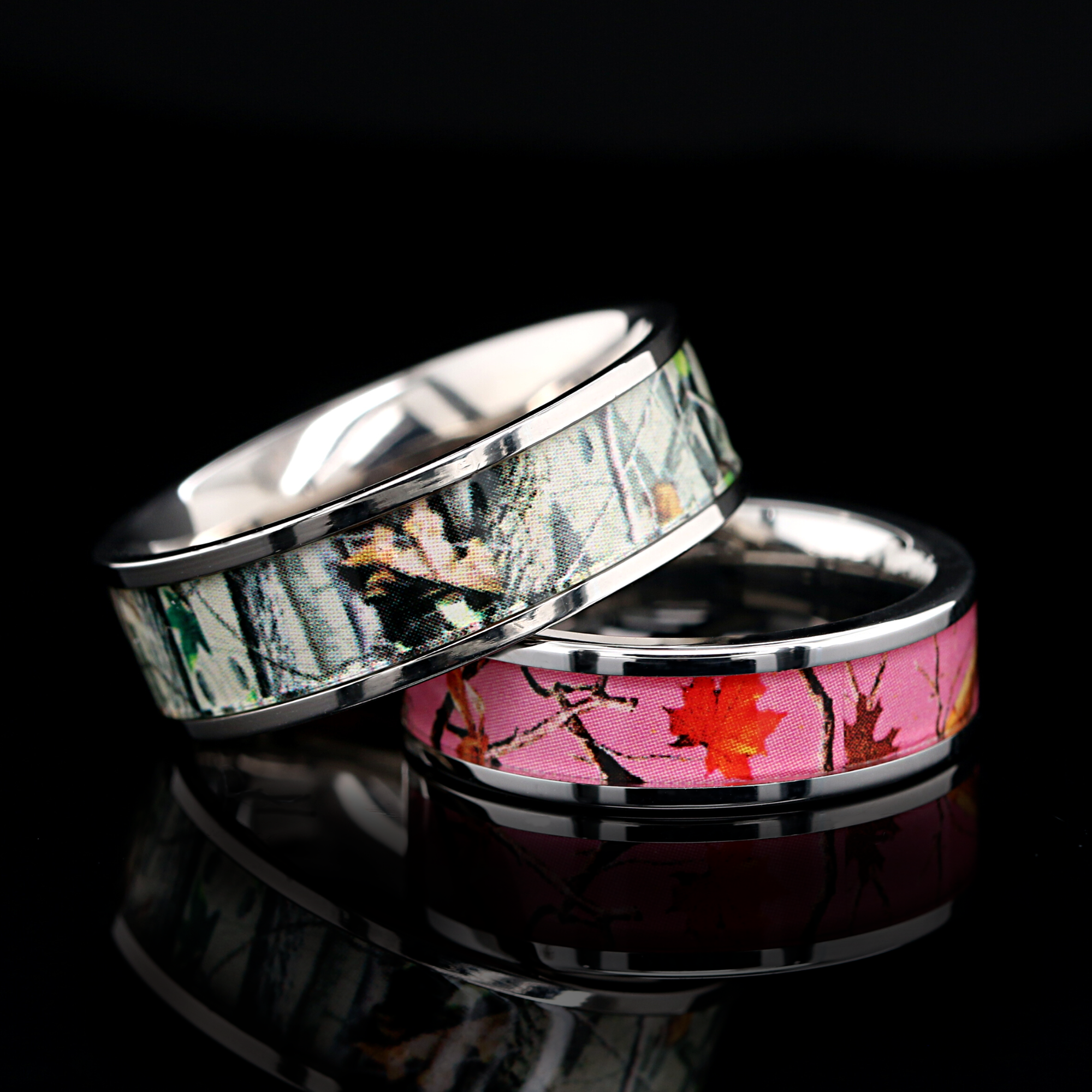 Rose Camo Bond Set - 3 piece His & Her Pink Camo Wedding Ring Set Stainless Steel and Titanium Engagement Rings