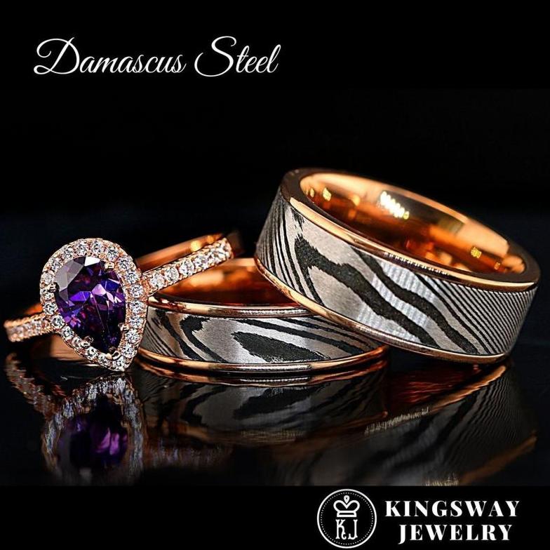 Golden Damascus Duo Set - Damascus Steel Engagement Rings Couples Set | Engagement Rings Female | Women's Engagement Band | Unique Engagement Band for Man