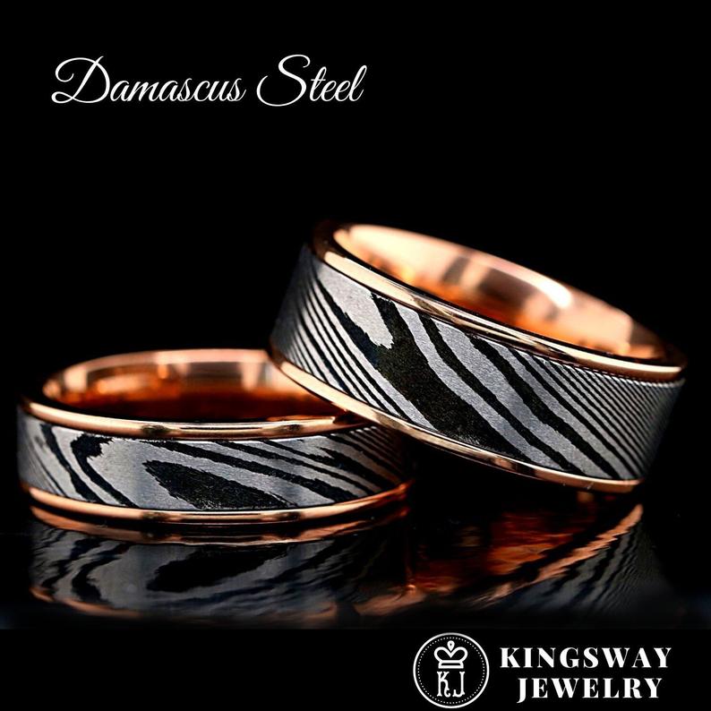 Golden Damascus Duo Set - Damascus Steel Engagement Rings Couples Set | Engagement Rings Female | Women's Engagement Band | Unique Engagement Band for Man